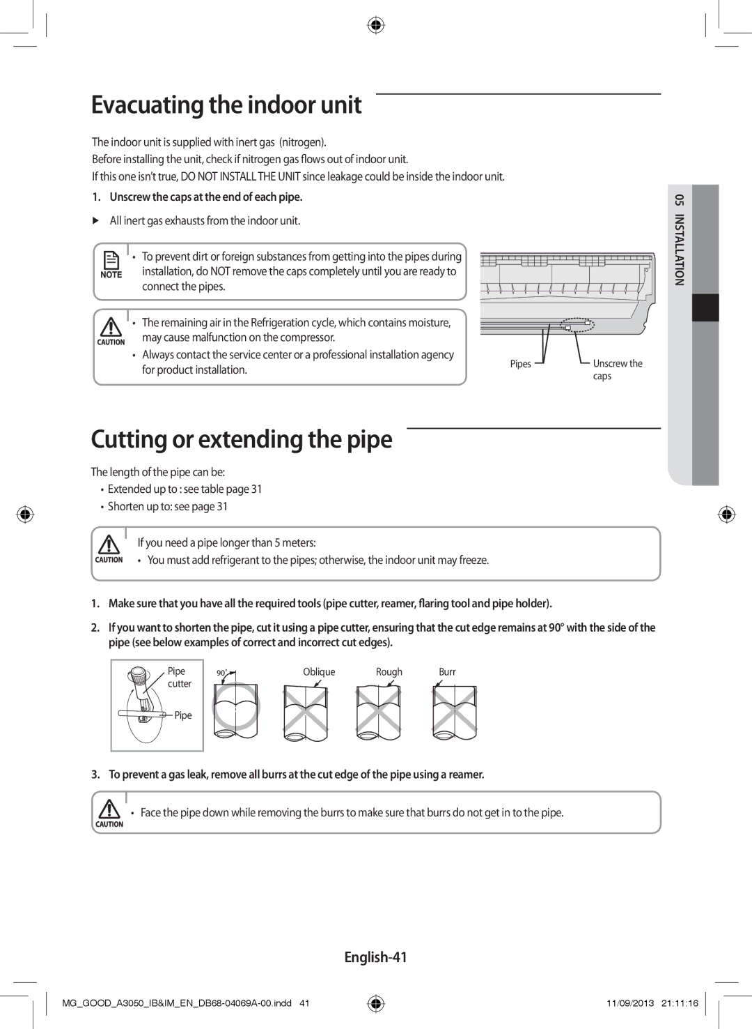 Samsung AR24HPFNBGMXMG, AR18HCFNBWK/MG manual Evacuating the indoor unit, Cutting or extending the pipe, English-41 