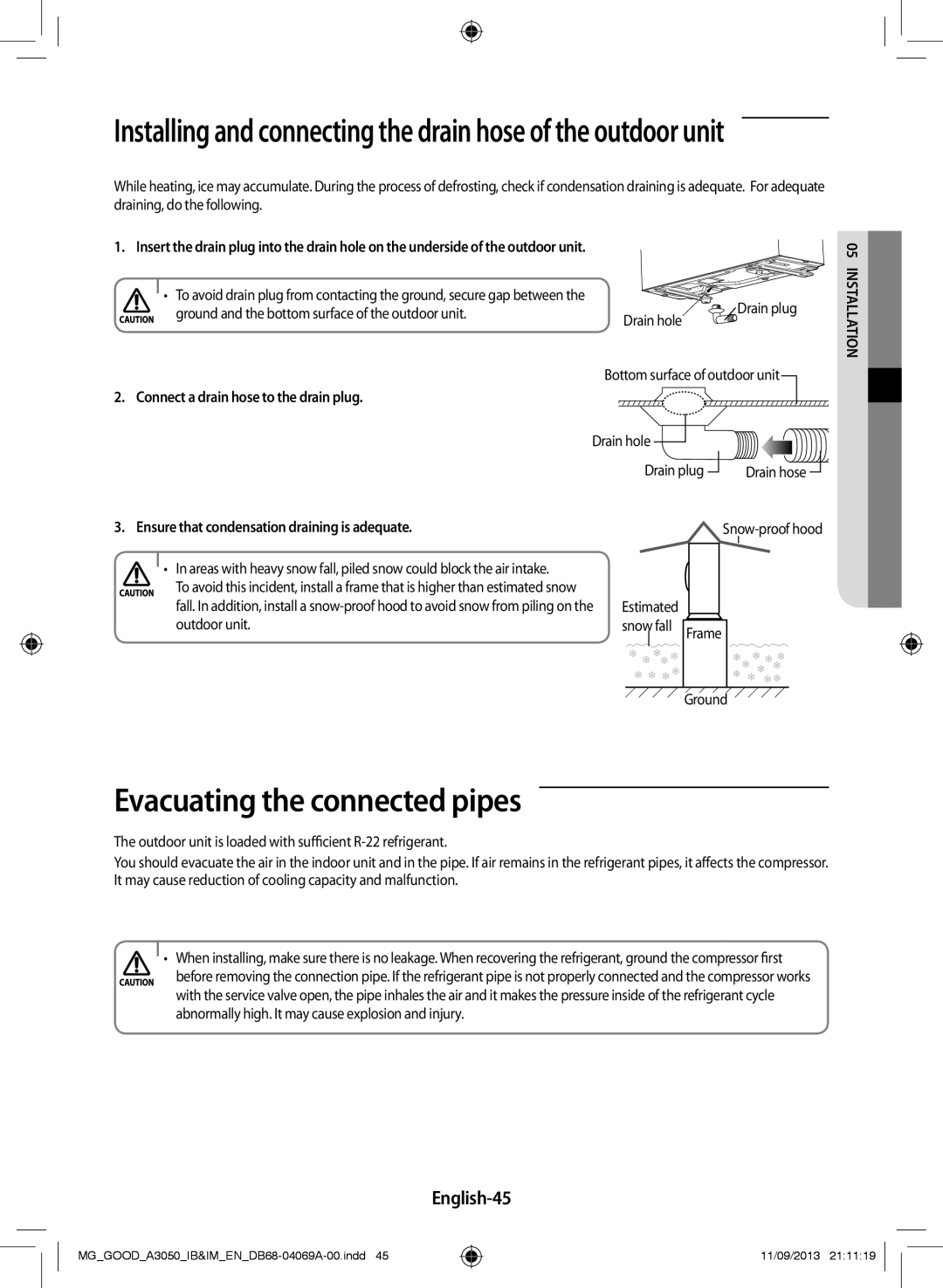 Samsung AR18HCFNBWK/MG, AR12HCFNBWKNMD Evacuating the connected pipes, English-45, Connect a drain hose to the drain plug 