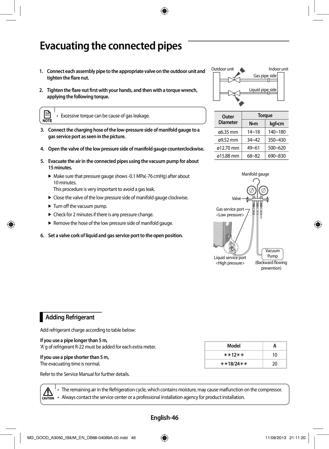 Samsung AR12HCFNBWKNMD, AR18HCFNBWK/MG Adding Refrigerant, English-46, Outer Torque, If you use a pipe longer than 5 m 