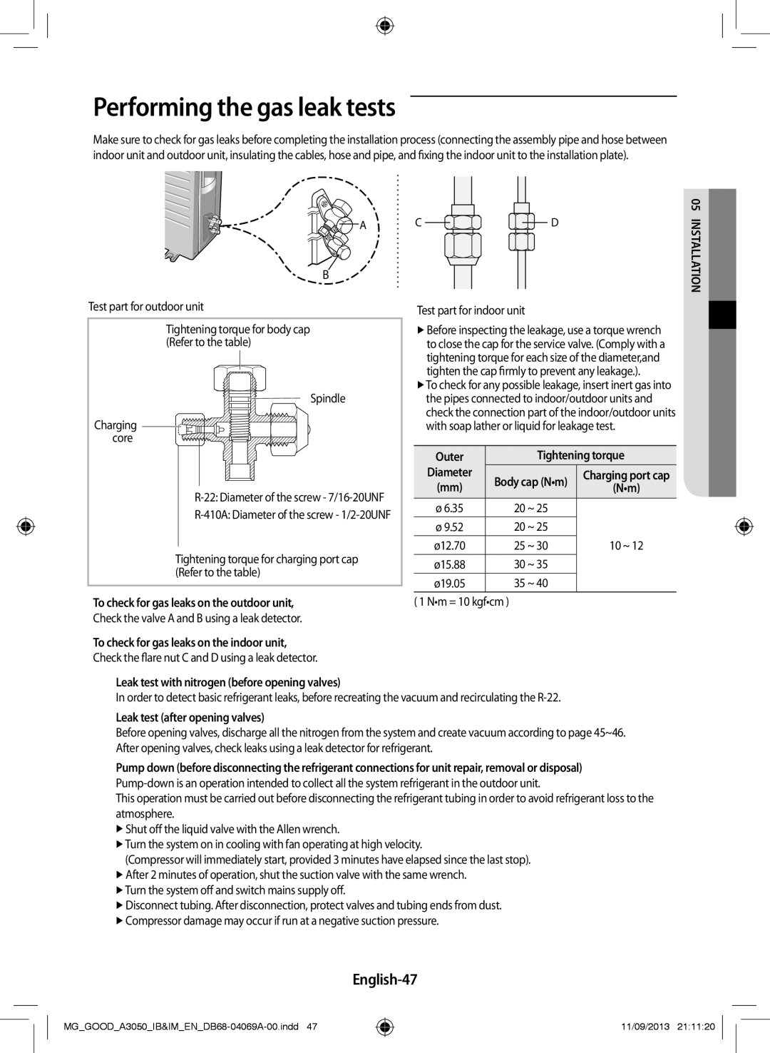 Samsung AR18HPFNBGMNMG, AR18HCFNBWK/MG, AR12HCFNBWKNMD, AR18HPFSBWK/MG manual Performing the gas leak tests, English-47 