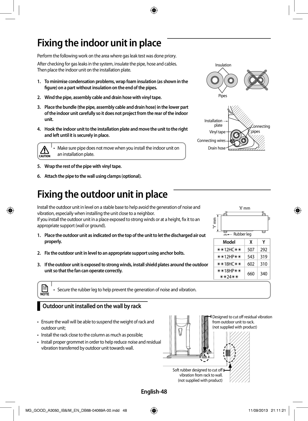 Samsung AR18HPFSBWK/MG manual Fixing the outdoor unit in place, Outdoor unit installed on the wall by rack, English-48, 660 