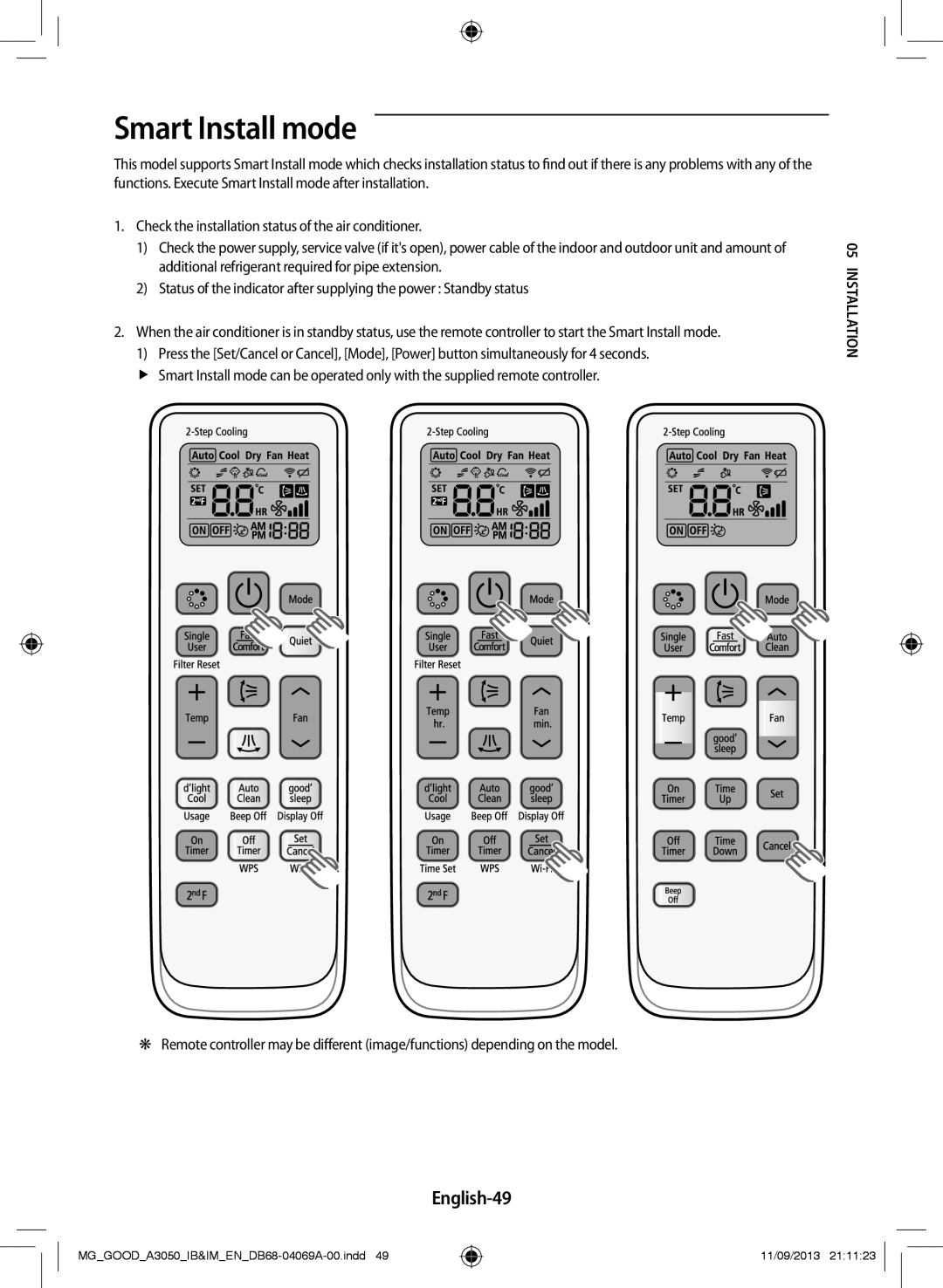 Samsung AR24HCFSBWKXMG, AR18HCFNBWK/MG, AR12HCFNBWKNMD, AR18HPFNBGMNMG, AR18HPFSBWK/MG manual Smart Install mode, English-49 