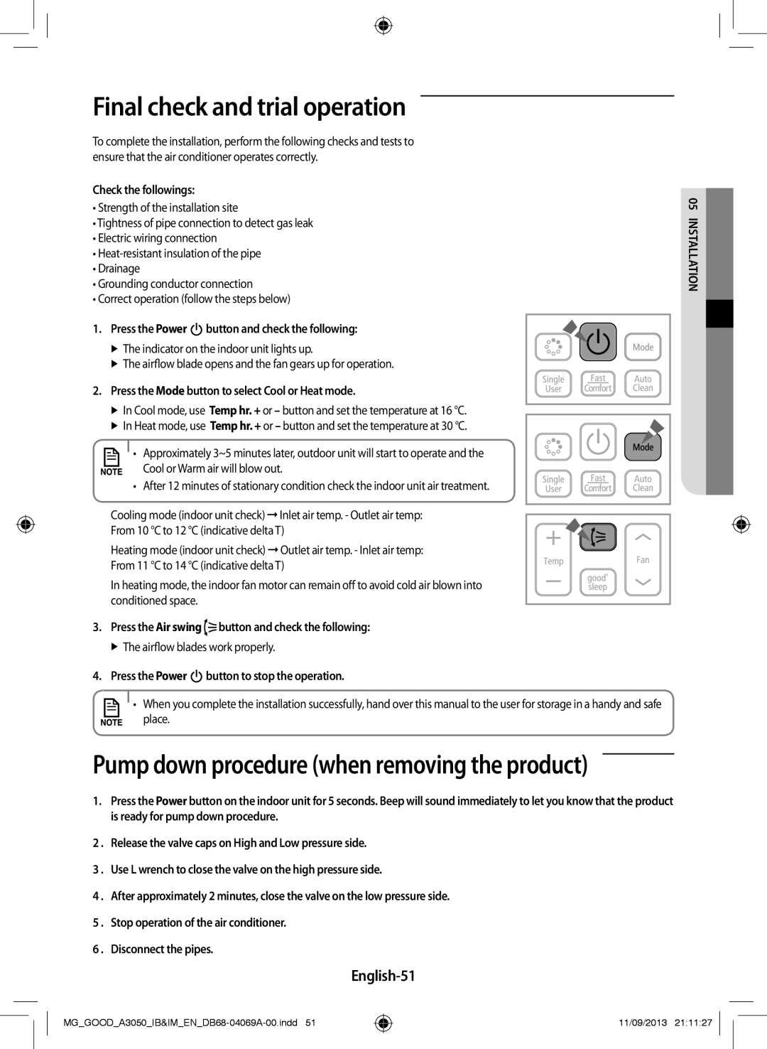 Samsung AR18HCFNBWKNMG, AR18HCFNBWK/MG, AR12HCFNBWKNMD, AR18HPFNBGMNMG manual Final check and trial operation, English-51 