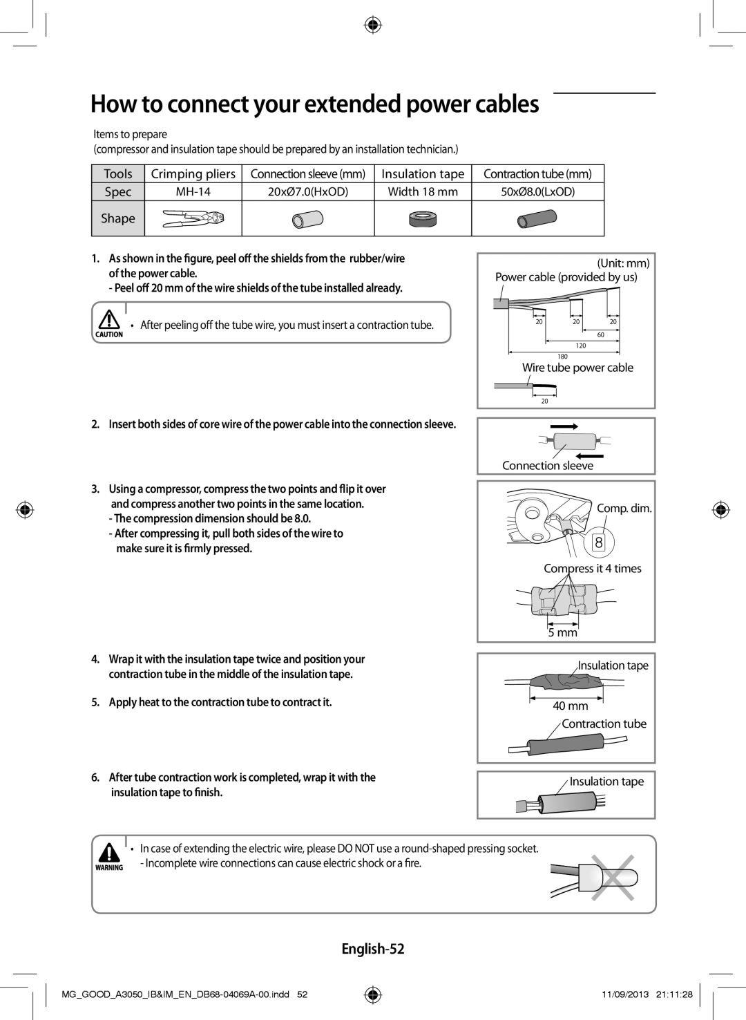 Samsung AR24HCFNBGMNMG, AR18HCFNBWK/MG How to connect your extended power cables, English-52, Insulation tape to finish 