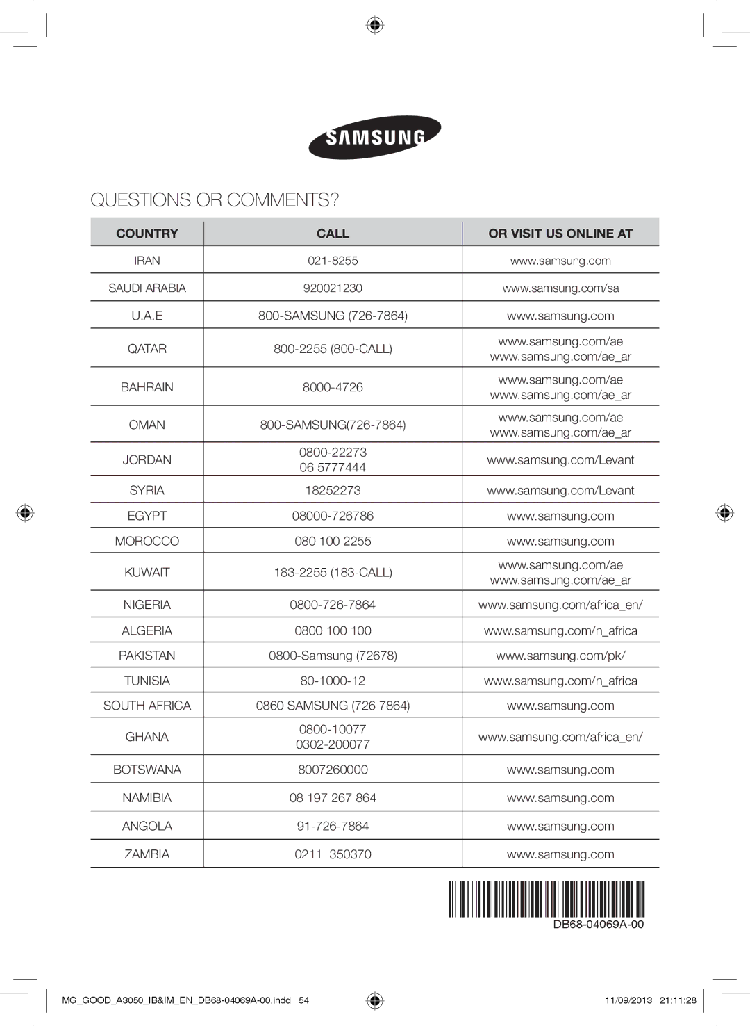 Samsung AR24HCFSBWKNMG, AR18HCFNBWK/MG, AR12HCFNBWKNMD, AR18HPFNBGMNMG, AR18HPFSBWK/MG manual Questions or COMMENTS?, 0211 