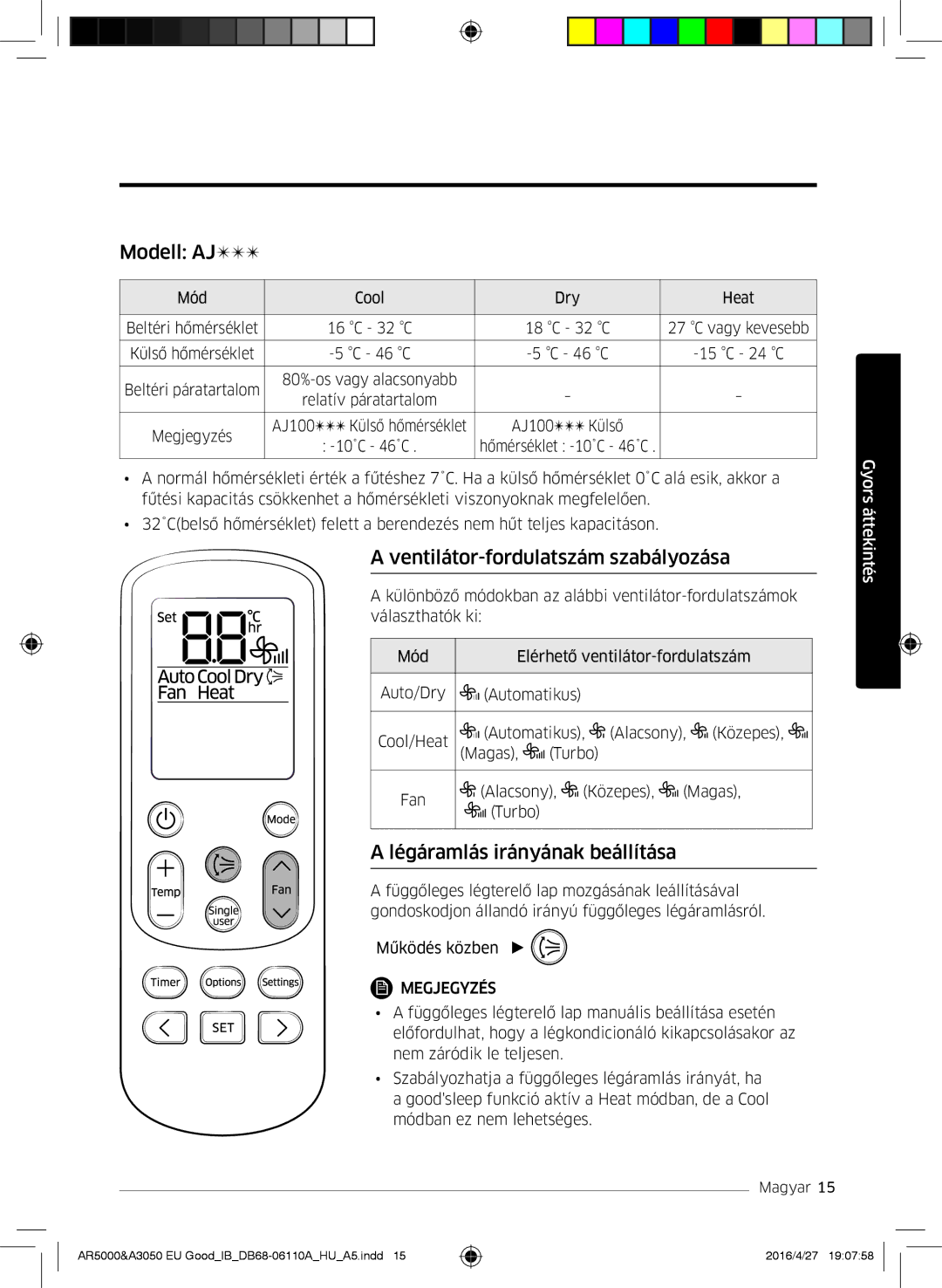 Samsung AR18JSFSBURNEU, AR18HSFSAWKNEU Modell AJ, Ventilátor-fordulatszám szabályozása, Légáramlás irányának beállítása 