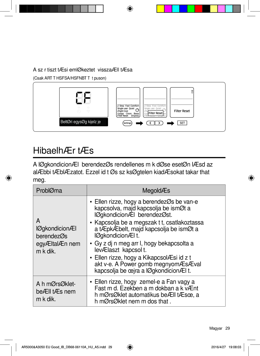 Samsung AR18HSFSAWKNEU, AR24HSFSAWKNEU, AR18HSFNBWKNEU manual Hibaelhárítás, Szűrőtisztítási emlékeztető visszaállítása 