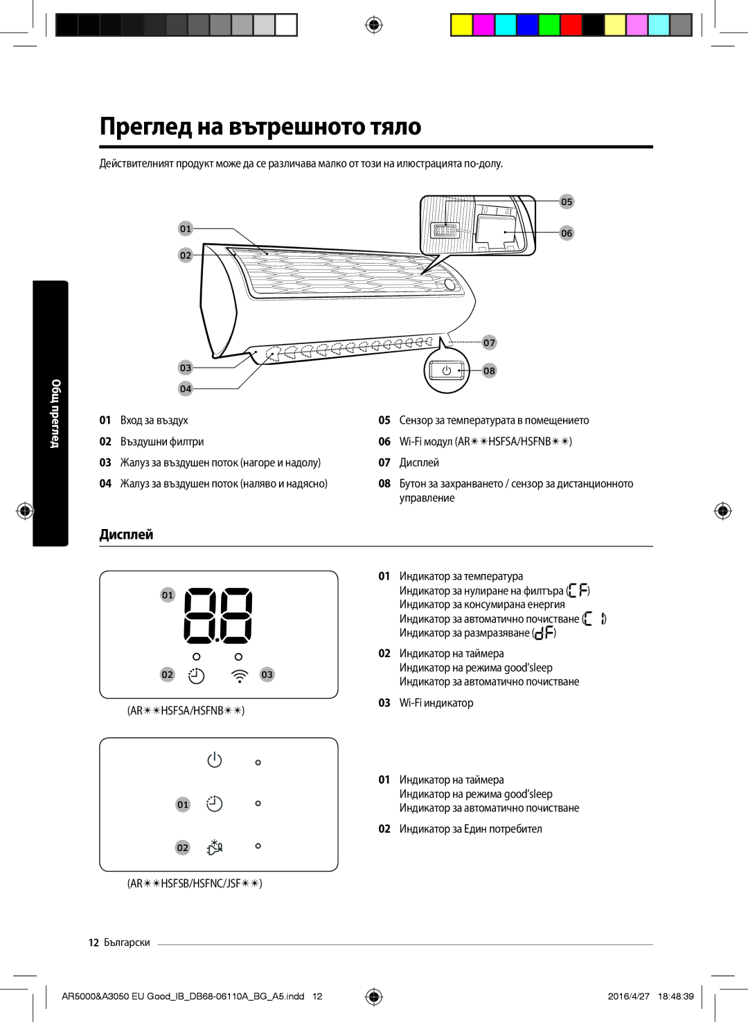 Samsung AR24HSFSAWKNEU, AR18HSFSAWKNEU, AR18HSFNBWKNEU, AR24HSFNBWKNEU, AR24HSFNCWKNEU Преглед на вътрешното тяло, Дисплей 