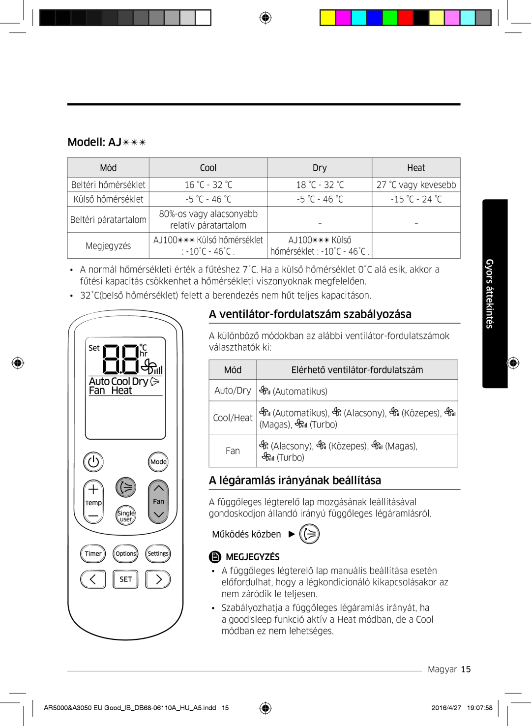 Samsung AR18JSFSBURNEU manual Modell AJ, A ventilátor-fordulatszám szabályozása, A légáramlás irányának beállítása 