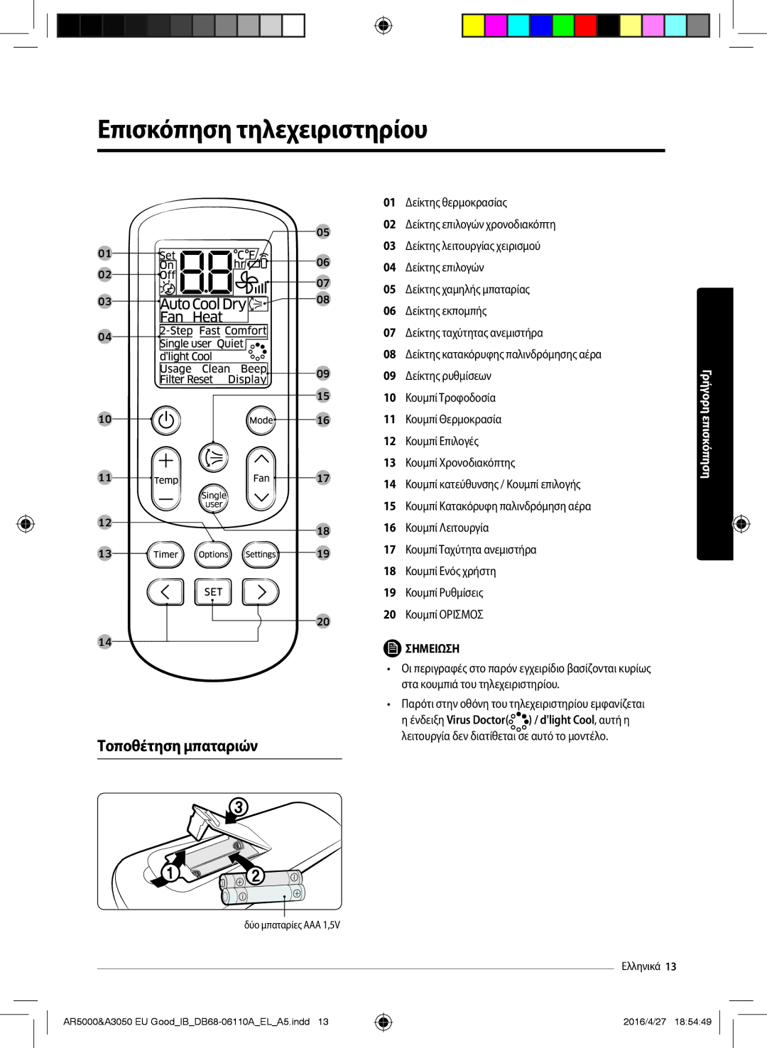 Samsung AR24HSFSBURNEU, AR18HSFSBURNEU manual Επισκόπηση τηλεχειριστηρίου, Ένδειξη Virus Doctor / dlight Cool, αυτή η 