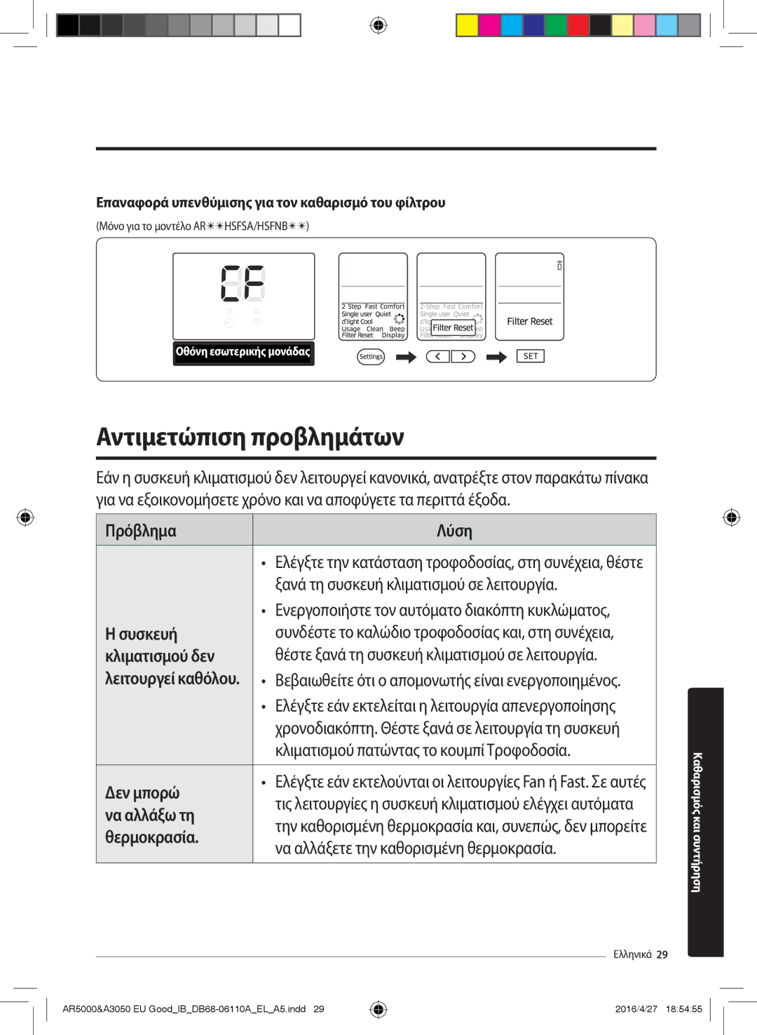 Samsung AR24JSFNCWKNEU, AR18HSFSBURNEU, AR18HSFSAWKNEU, AR24HSFSBURNEU, AR24HSFSAWKNEU manual Αντιμετώπιση προβλημάτων 