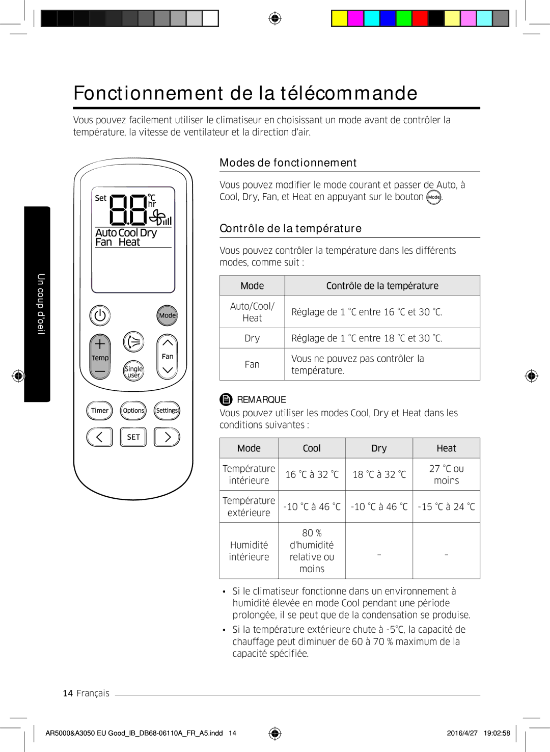 Samsung AR24HSFSAWKNEU manual Fonctionnement de la télécommande, Modes de fonctionnement, Contrôle de la température 