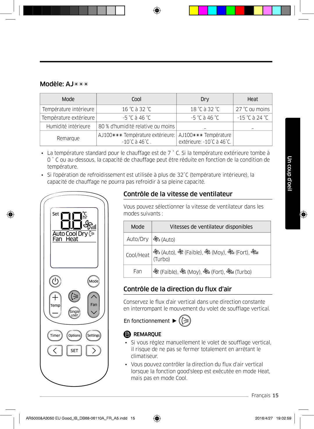 Samsung AR18HSFNBWKNEU manual Modèle AJ, Contrôle de la vitesse de ventilateur, Contrôle de la direction du flux dair 