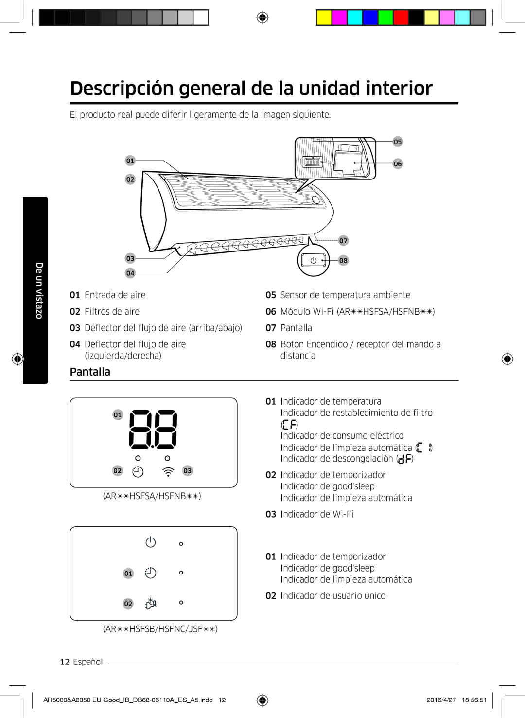 Samsung AR24HSFSAWKNEU, AR18HSFSBURNEU, AR18HSFSAWKNEU, AR24HSFSBURNEU Descripción general de la unidad interior, Pantalla 