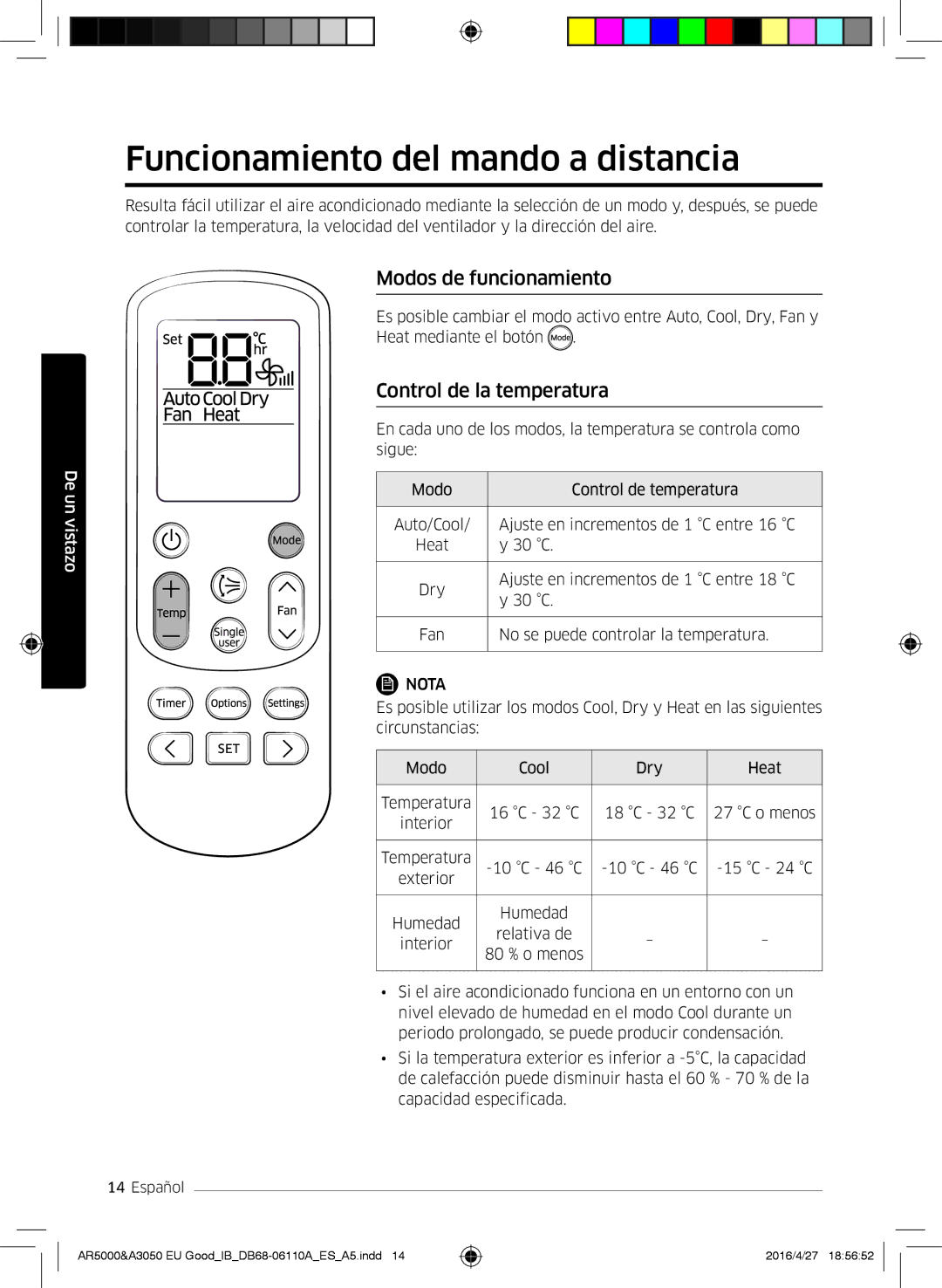 Samsung AR24HSFNBWKNEU manual Funcionamiento del mando a distancia, Modos de funcionamiento, Control de la temperatura 