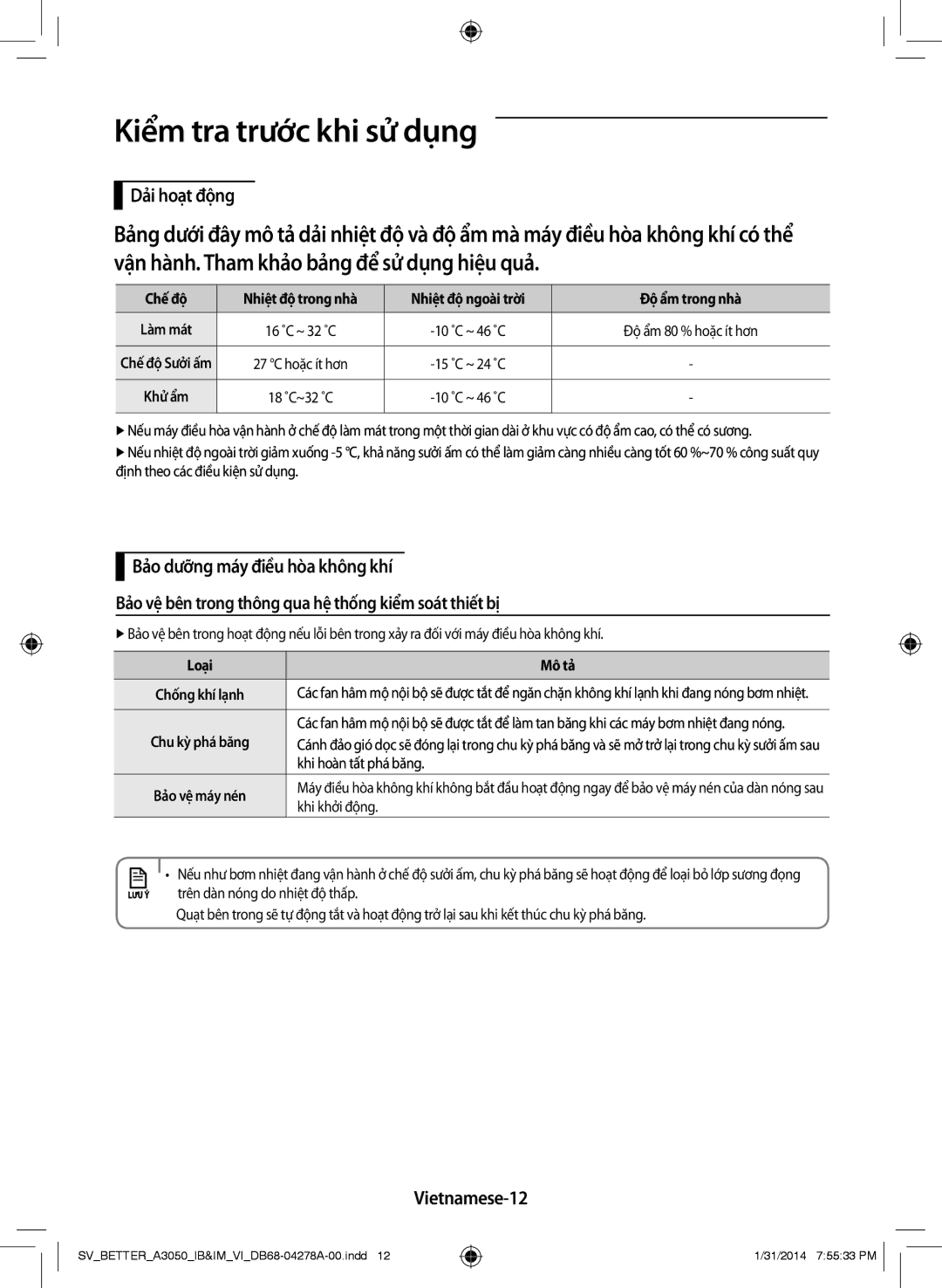 Samsung AR18HSSDNWKNSV, AR12HSSDNWKNSV, AR12HSSDNWKXSV manual Kiểm tra trước khi sử dụng, Dải hoạt động, Vietnamese-12 