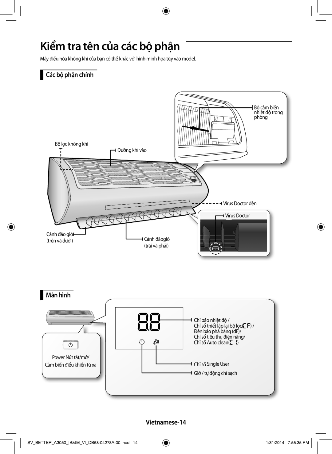 Samsung AR12HSSDNWKXSV, AR18HSSDNWKNSV manual Kiểm tra tên của các bộ phận, Các bộ phận chính, Màn hình, Vietnamese-14 