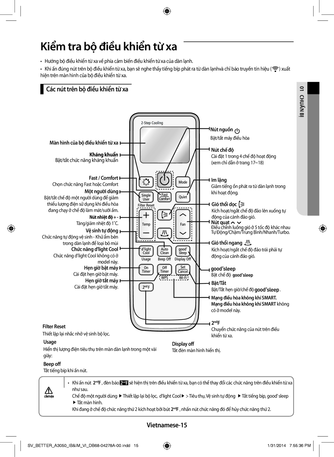 Samsung AR18HSSDNWKXSV, AR18HSSDNWKNSV manual Kiểm tra bộ điều khiển từ xa, Các nút trên bộ điều khiển từ xa, Vietnamese-15 