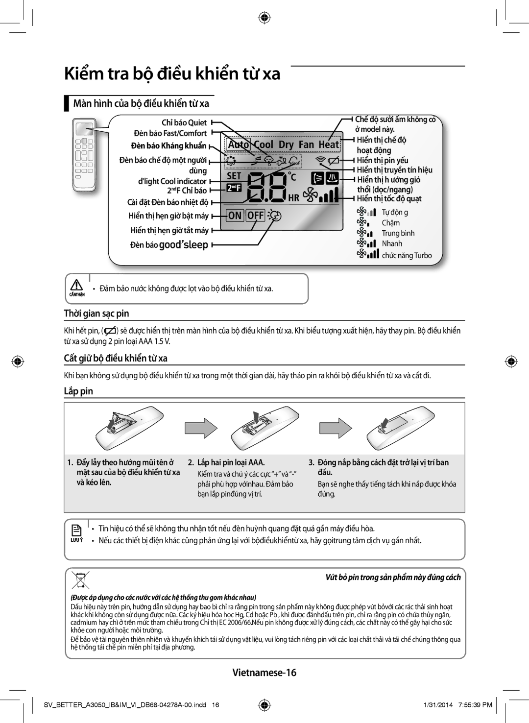 Samsung AR09HSSDNWKNSV manual Màn hình của bộ điều khiển từ xa, Thời gian sạc pin, Cất giữ bộ điều khiển từ xa, Lắp pin 