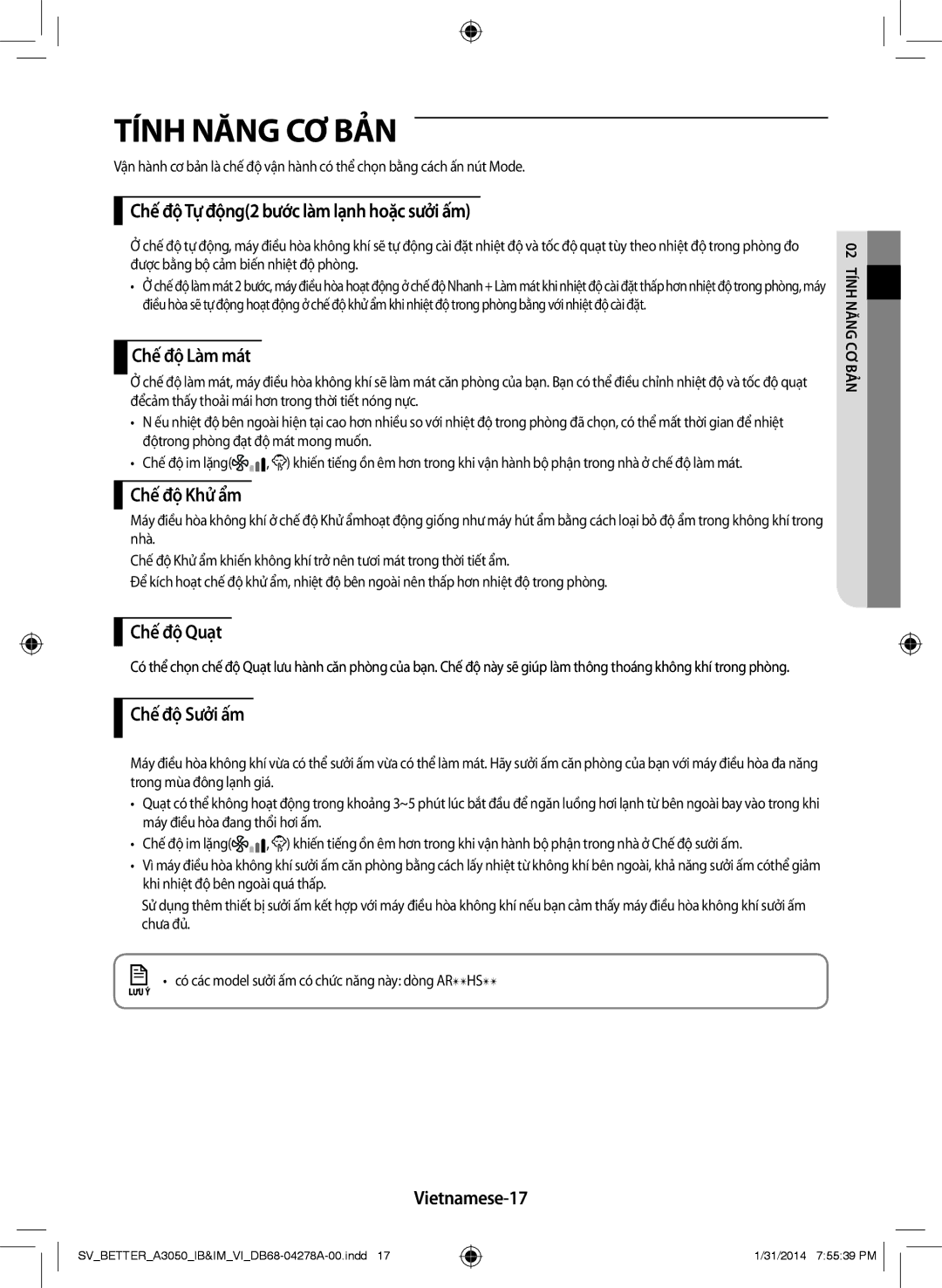 Samsung AR09HSSDNWKXSV manual Chế độ Tự động2 bước làm lạnh hoặc sưởi ấm, Chế độ Làm mát, Chế độ Khử ẩm, Chế độ Quạt 