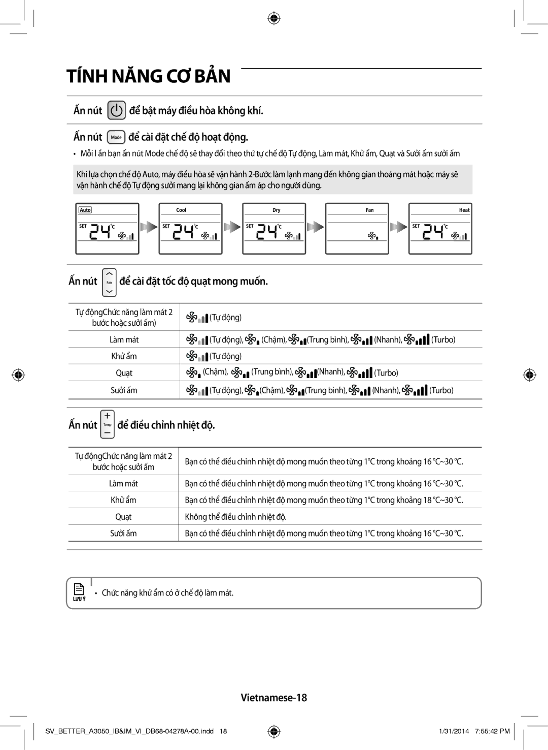 Samsung AR18HSSDNWKNSV manual Ấn nút để cài đặt tốc độ quạt mong muốn, Ấn nút để điều chỉnh nhiệt độ, Vietnamese-18 