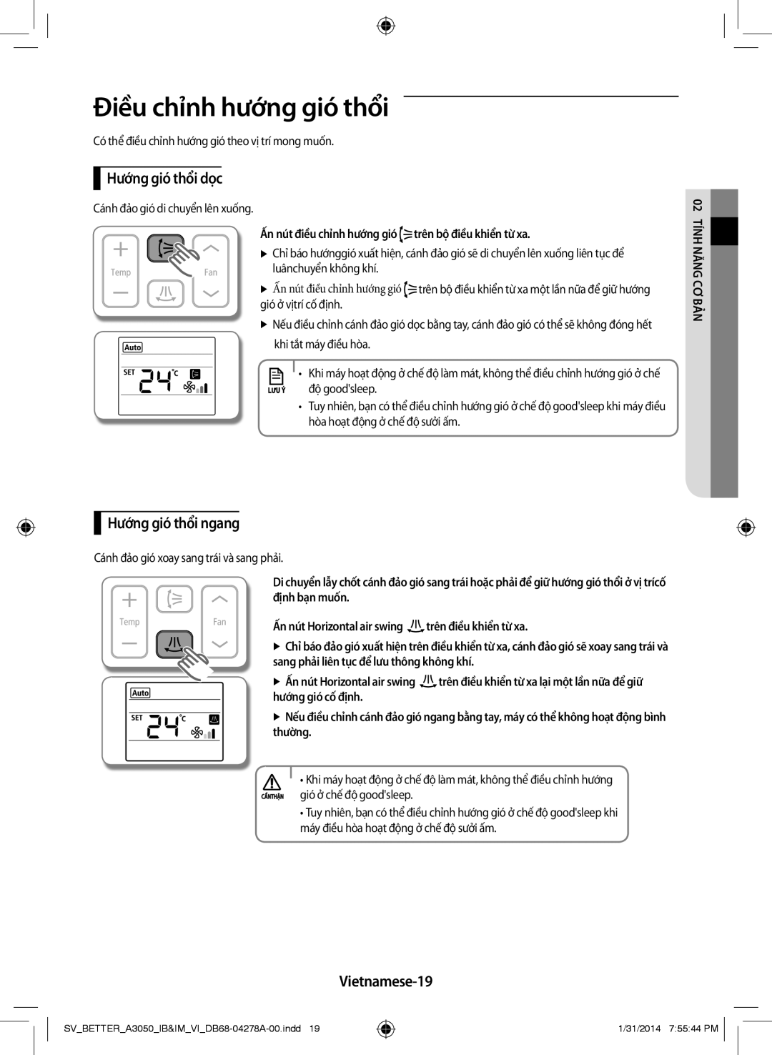 Samsung AR12HSSDNWKNSV, AR18HSSDNWKNSV Điều chỉnh hướng gió thổi, Hướng gió thổi dọc, Hướng gió thổi ngang, Vietnamese-19 