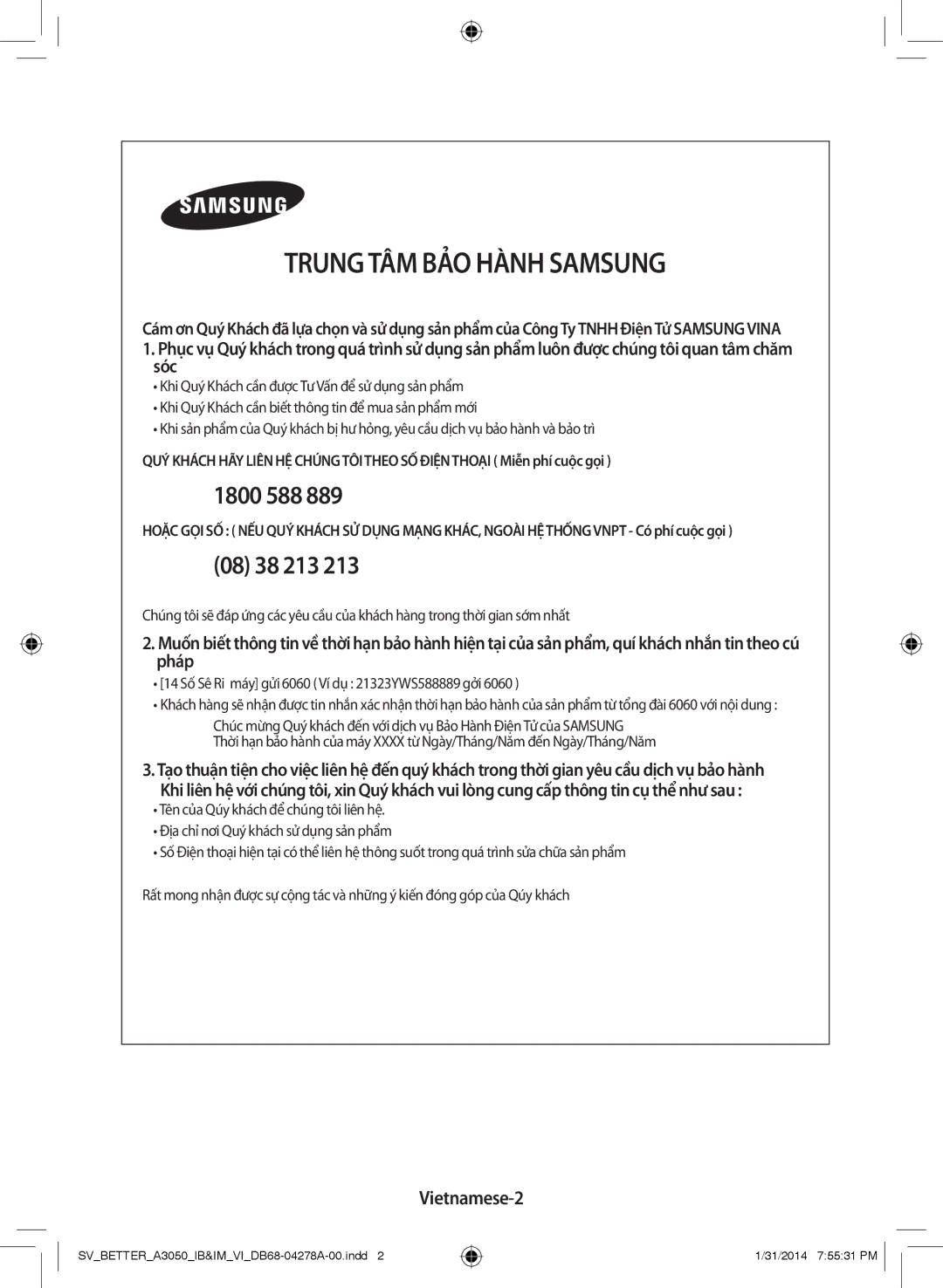 Samsung AR12HSSDNWKXSV, AR18HSSDNWKNSV, AR12HSSDNWKNSV, AR18HSSDNWKXSV manual Trung TÂM BẢO Hành Samsung, Vietnamese-2 