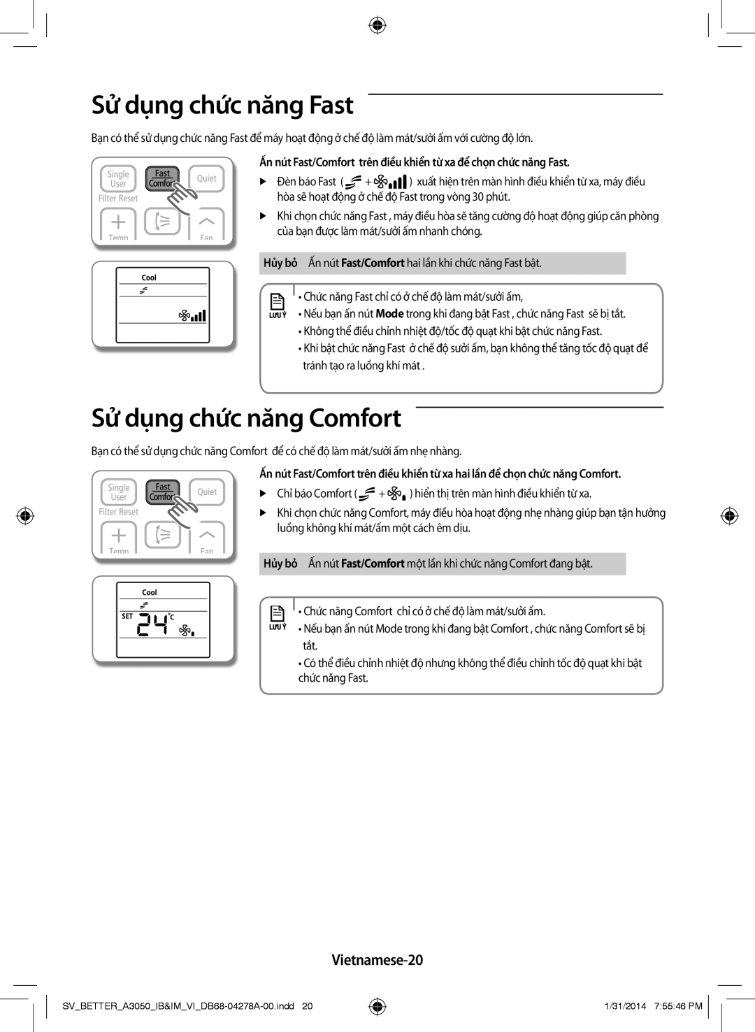 Samsung AR12HSSDNWKXSV, AR18HSSDNWKNSV, AR12HSSDNWKNSV Sử dụng chức năng Fast, Sử dụng chức năng Comfort, Vietnamese-20 