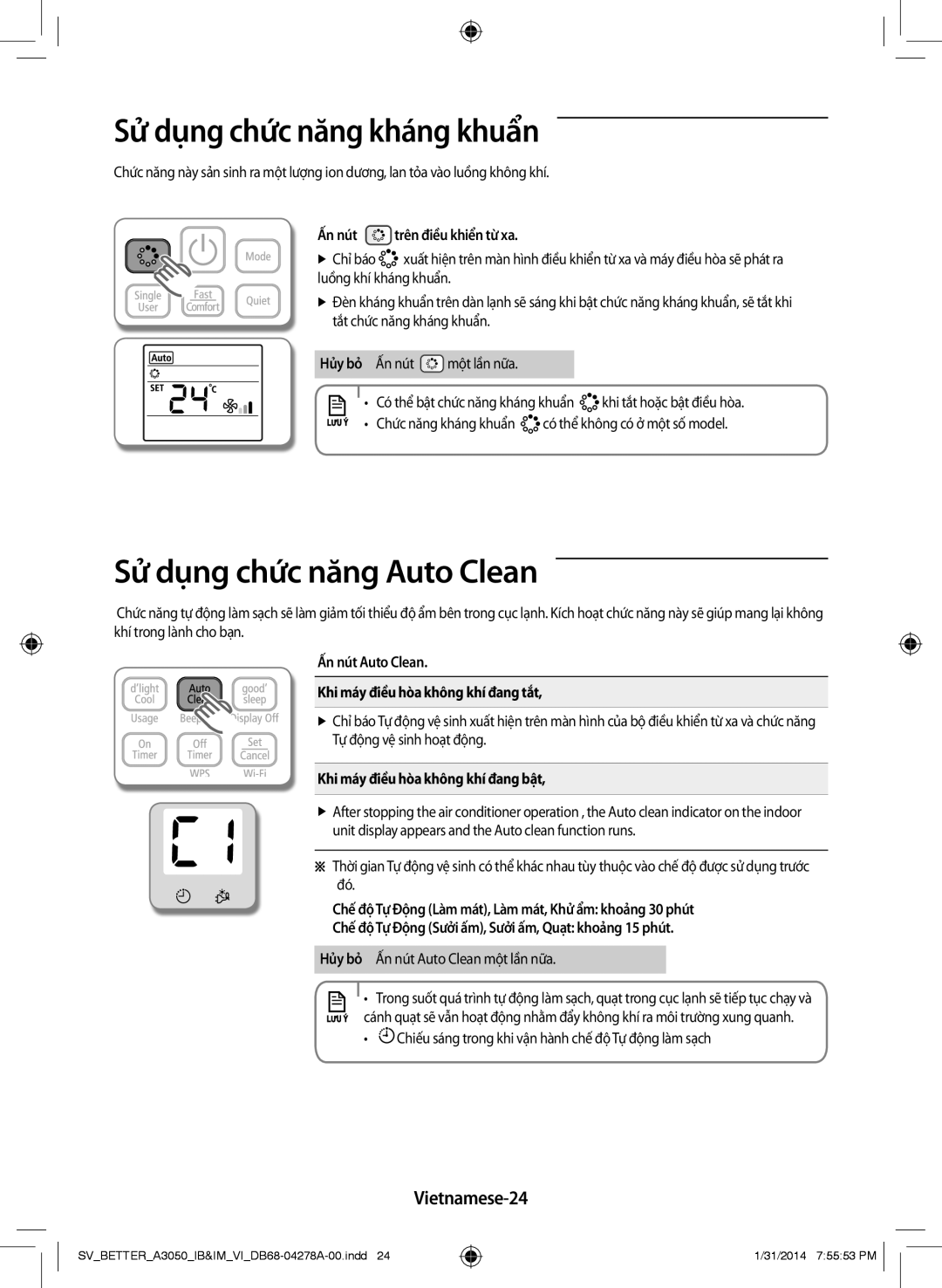 Samsung AR18HSSDNWKNSV, AR12HSSDNWKNSV manual Sử dụng chức năng kháng khuẩn, Sử dụng chức năng Auto Clean, Vietnamese-24 