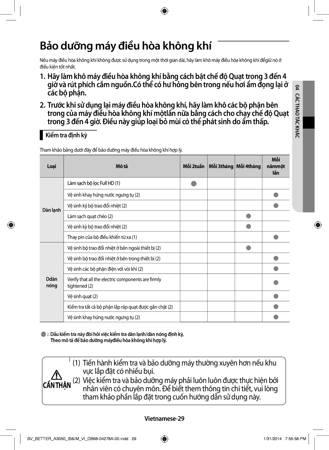 Samsung AR09HSSDNWKXSV manual Bảo dưỡng máy điều hòa không khí, Kiểm tra định kỳ, Vietnamese-29, 04c tCá t haoccá khá 