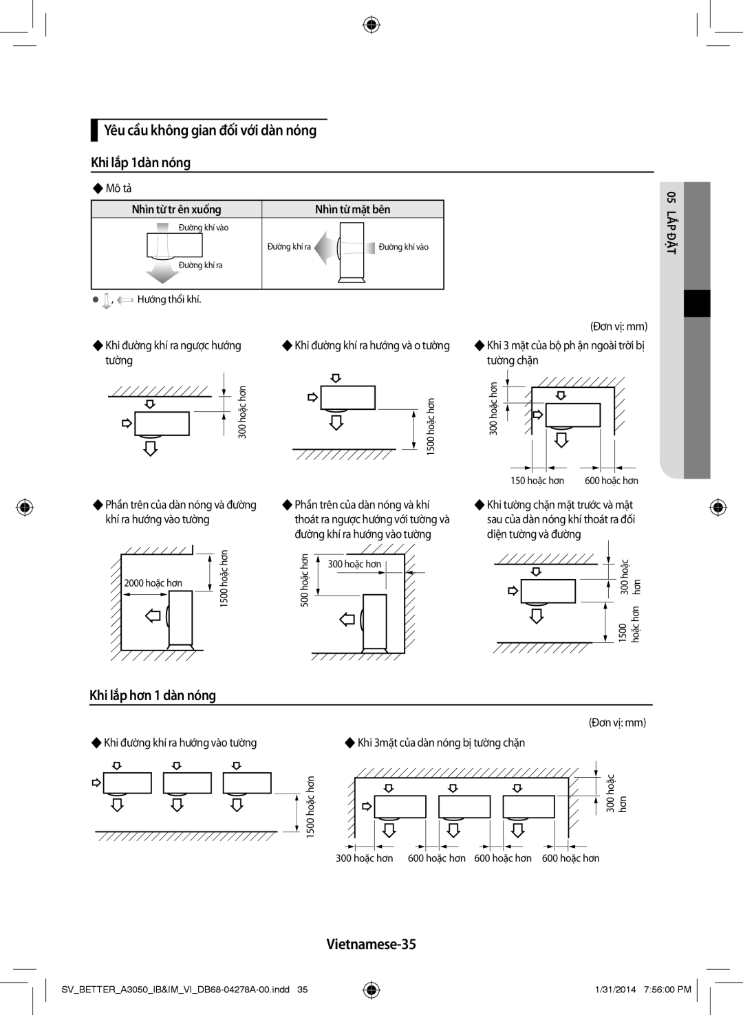 Samsung AR09HSSDNWKXSV manual Yêu cầu không gian đối với dàn nóng Khi lắp 1dàn nóng, Khi lắp hơn 1 dàn nóng, Vietnamese-35 