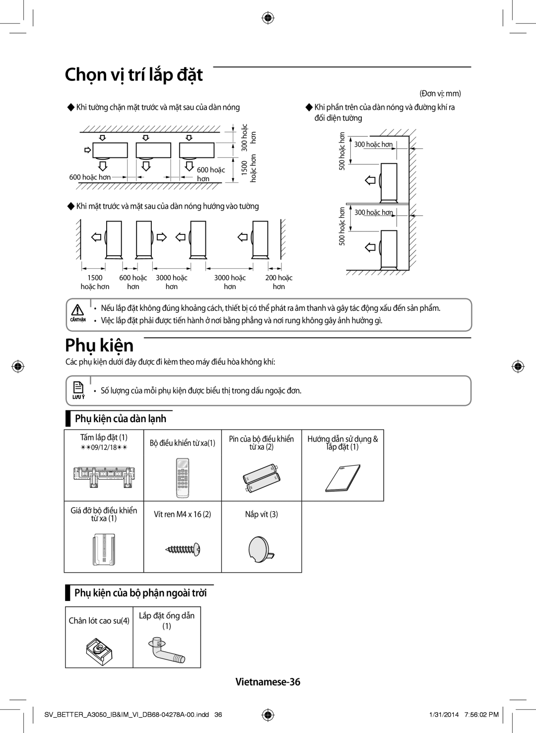 Samsung AR18HSSDNWKNSV, AR12HSSDNWKNSV manual Phụ kiện của dàn lạnh, Phụ kiện của bộ phận ngoài trời, Vietnamese-36 