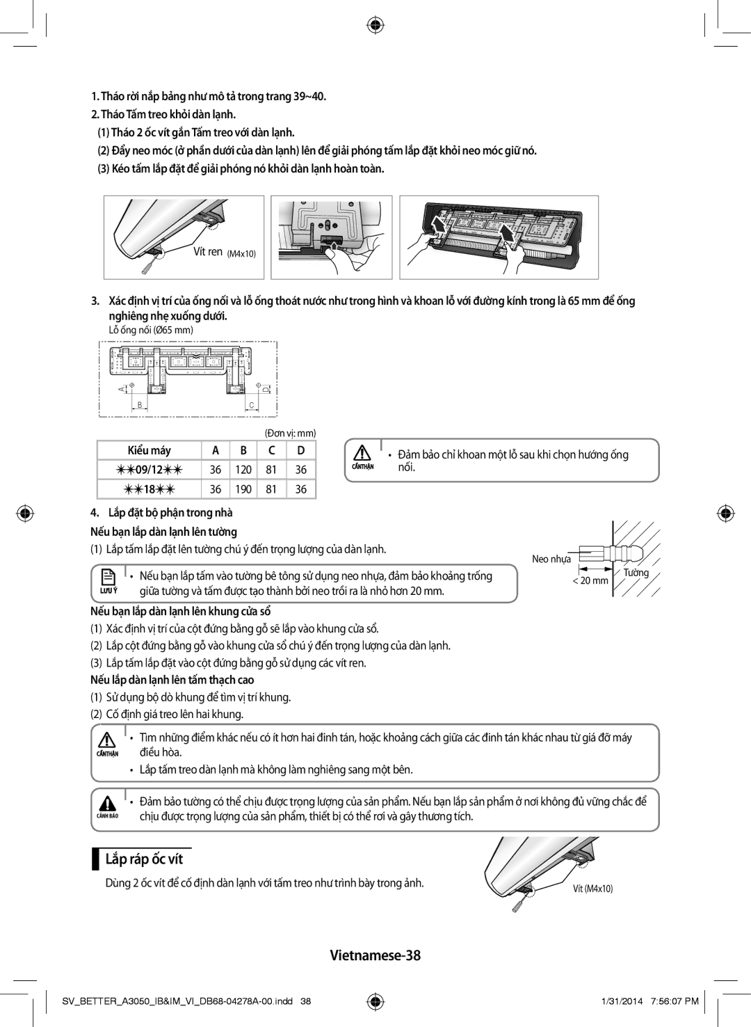 Samsung AR12HSSDNWKXSV, AR18HSSDNWKNSV, AR12HSSDNWKNSV, AR18HSSDNWKXSV, AR09HSSDNWKNSV manual Lắp ráp ốc vít, Vietnamese-38 