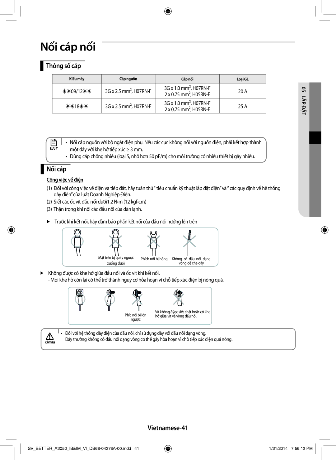 Samsung AR09HSSDNWKXSV, AR18HSSDNWKNSV, AR12HSSDNWKNSV manual Nối cáp nối, Thông số cáp, Vietnamese-41, Công việc về điện 