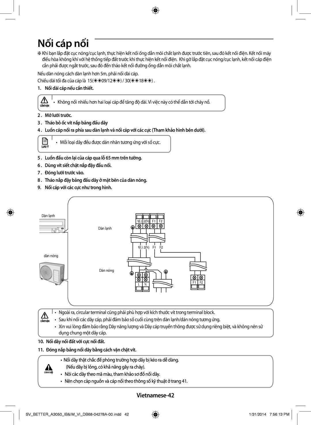 Samsung AR18HSSDNWKNSV manual Vietnamese-42, Nối dài cáp nếu cần thiết, Mỗi loại dây đều được dán nhãn tương ứng với số cực 