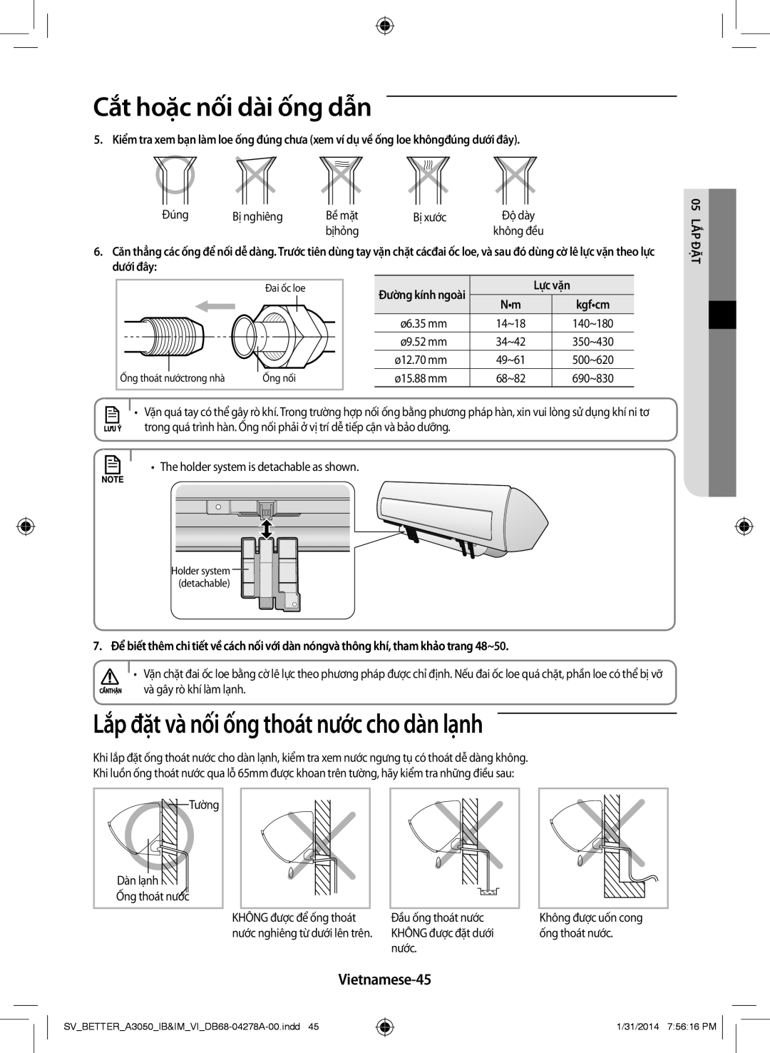 Samsung AR18HSSDNWKXSV, AR18HSSDNWKNSV, AR12HSSDNWKNSV manual Lắp đặt và nối ống thoát nước cho dàn lạnh, Vietnamese-45 