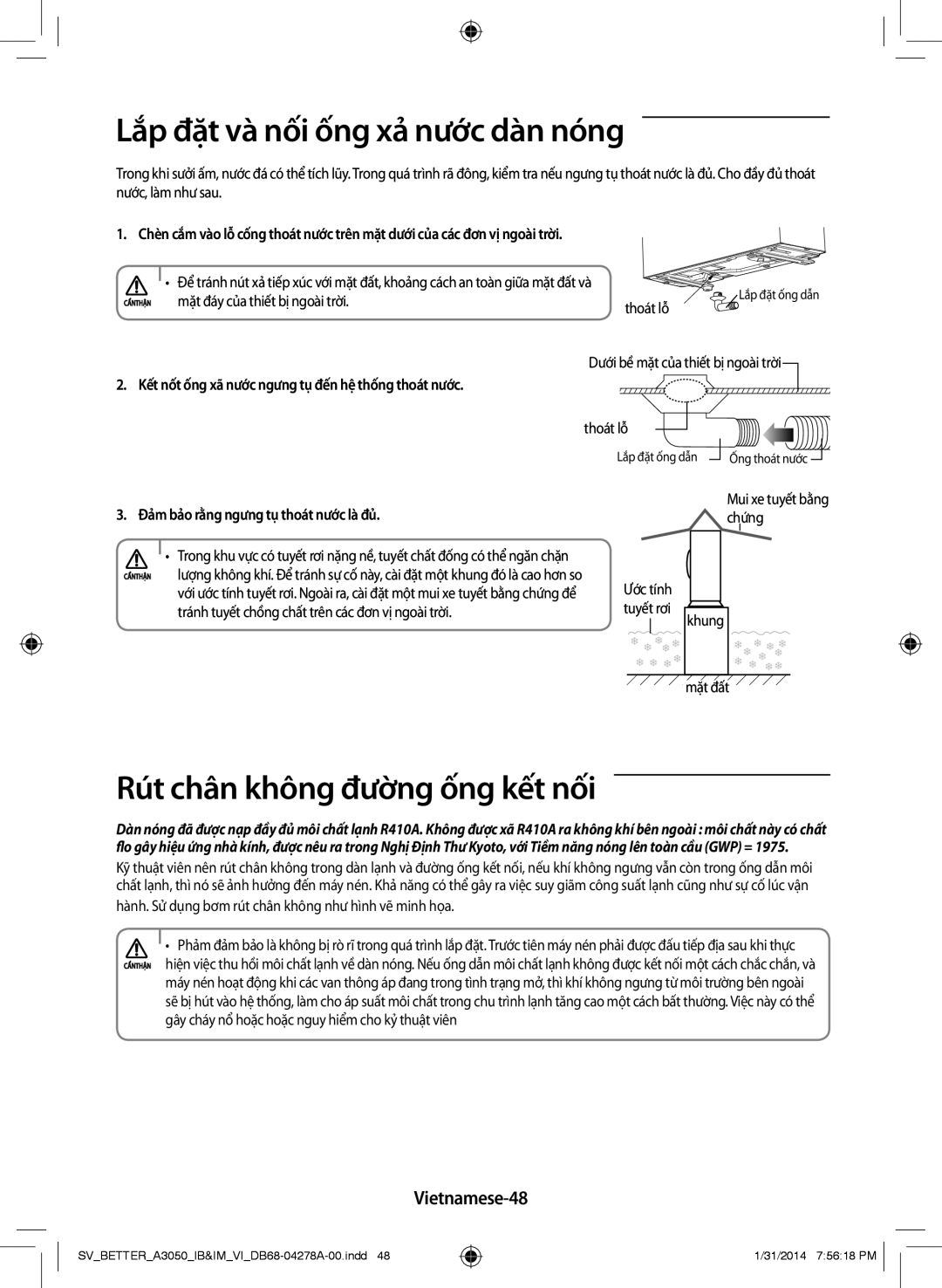 Samsung AR18HSSDNWKNSV manual Lắp đặt và nối ống xả nước dàn nóng, Rút chân không đường ống kết nối, Vietnamese-48 