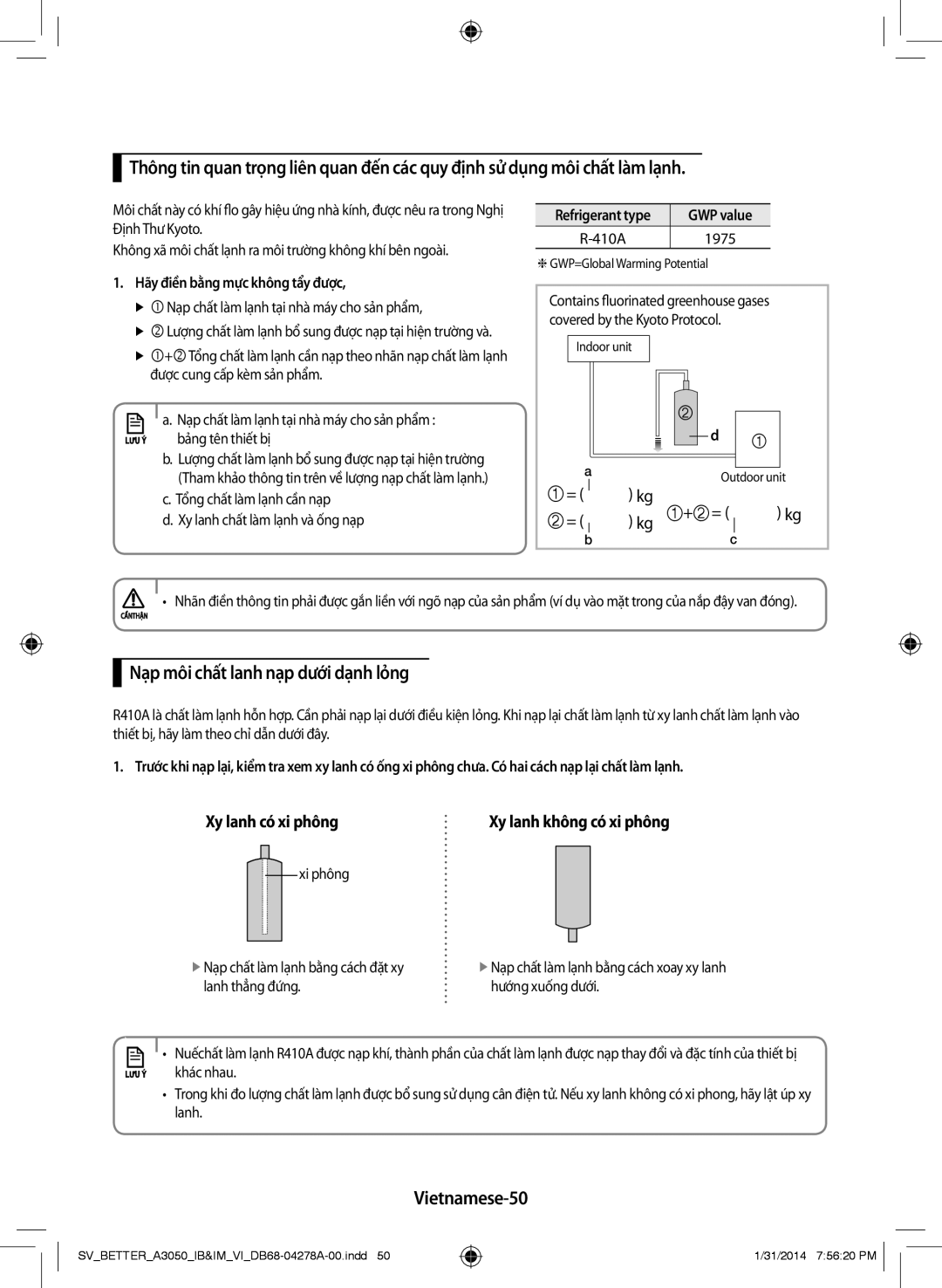 Samsung AR12HSSDNWKXSV manual Nạp môi chất lanh nạp dưới dạnh lỏng, Vietnamese-50, 1975, Hãy điền bằng mực không tẩy được 