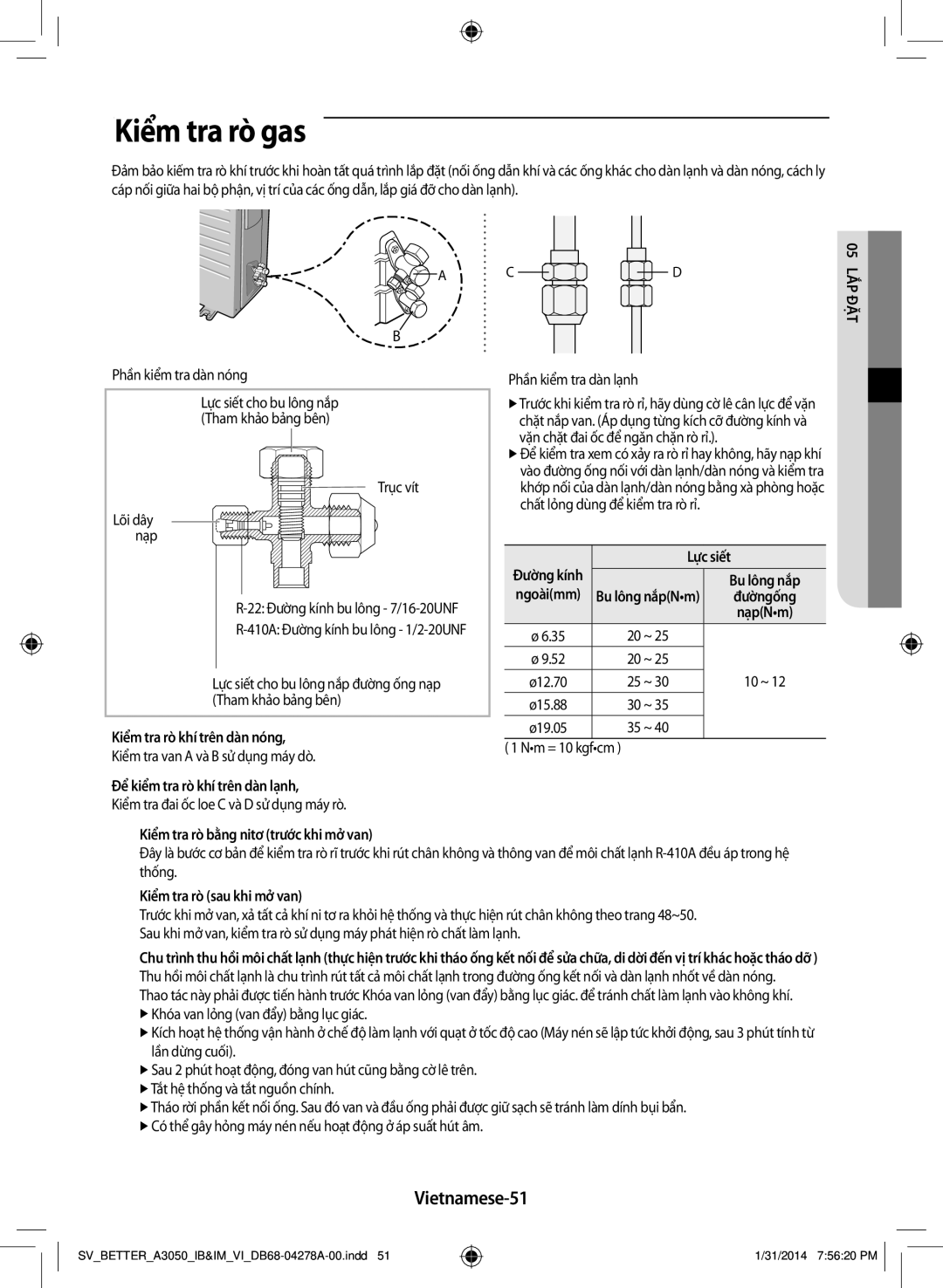 Samsung AR18HSSDNWKXSV, AR18HSSDNWKNSV, AR12HSSDNWKNSV, AR12HSSDNWKXSV, AR09HSSDNWKNSV manual Kiểm tra rò gas, Vietnamese-51 