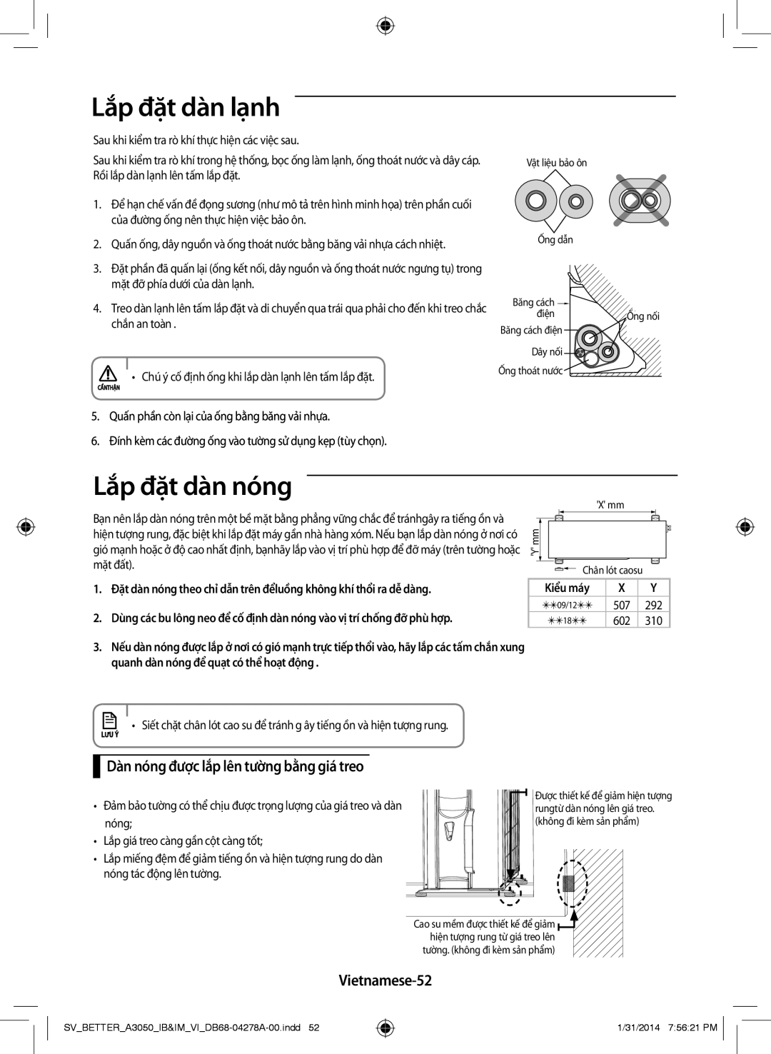 Samsung AR09HSSDNWKNSV manual Lắp đặt dàn lạnh, Lắp đặt dàn nóng, Dàn nóng được lắp lên tường bằng giá treo, Vietnamese-52 