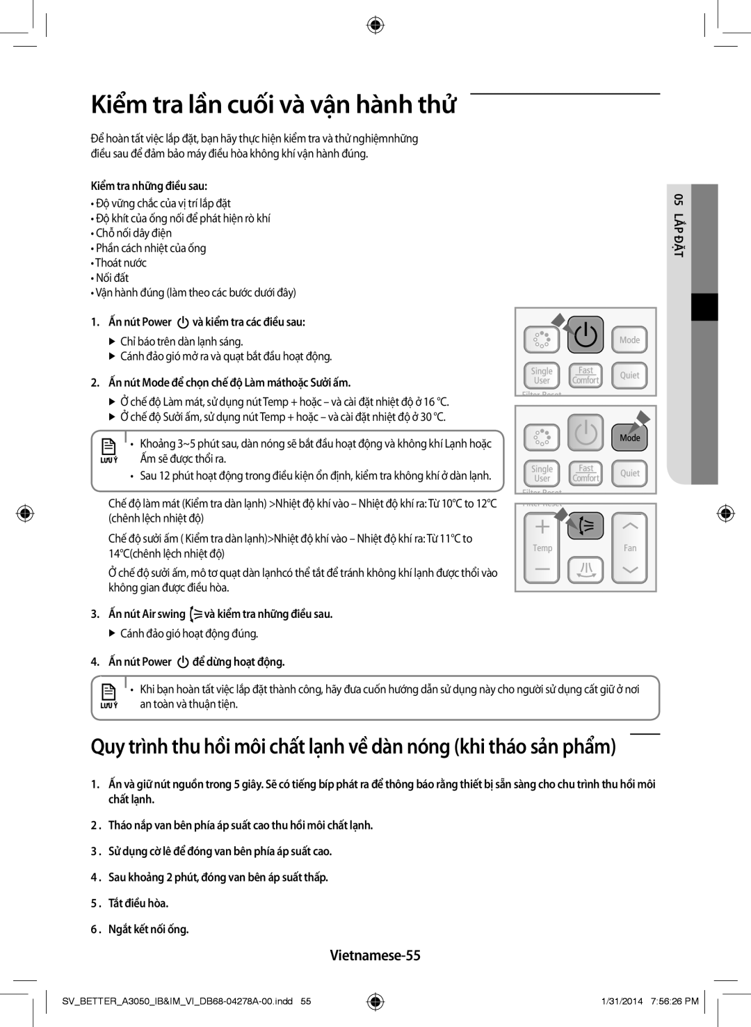 Samsung AR12HSSDNWKNSV, AR18HSSDNWKNSV, AR12HSSDNWKXSV, AR18HSSDNWKXSV manual Kiểm tra lần cuối và vận hành thử, Vietnamese-55 