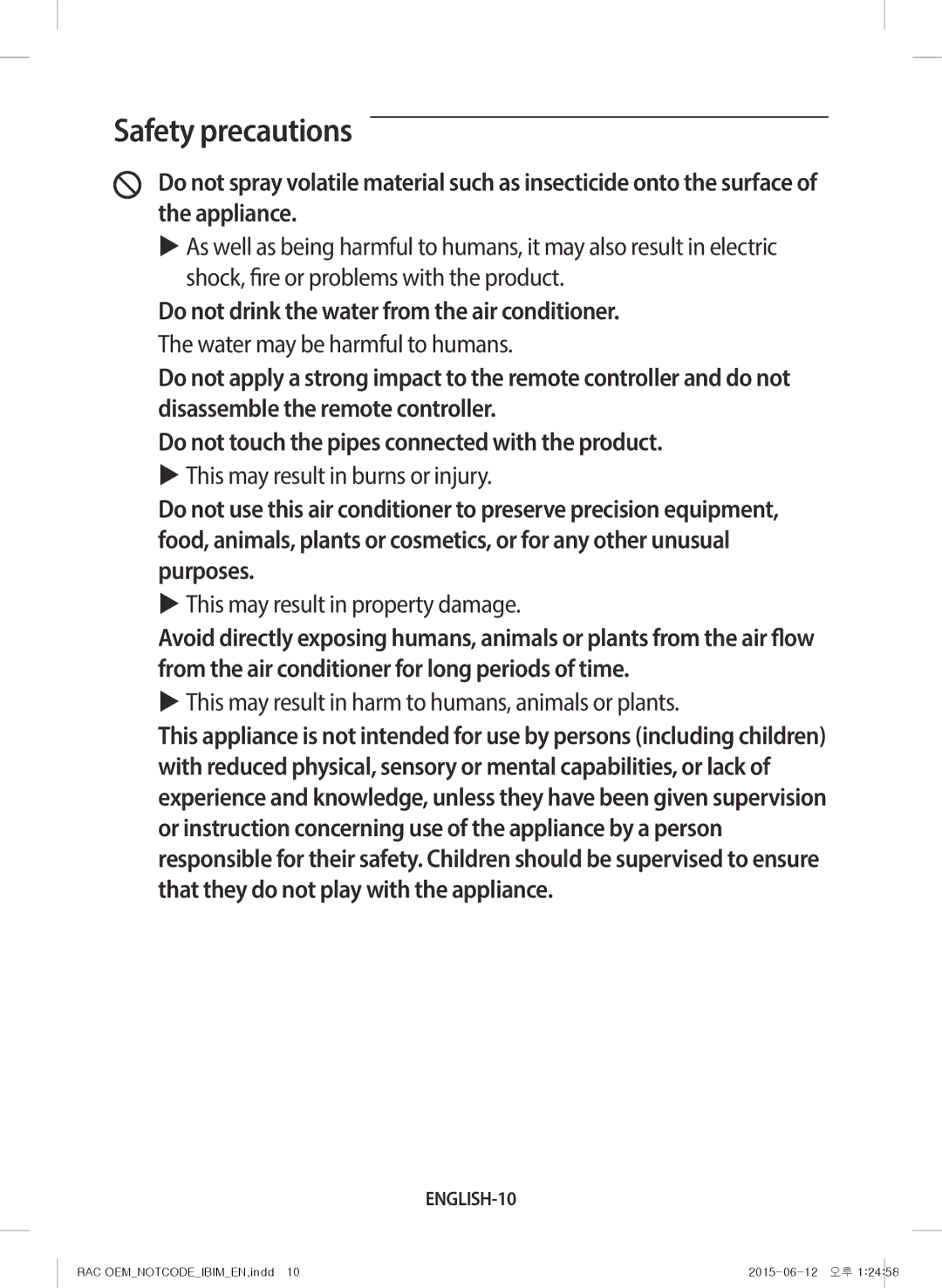 Samsung AR09JQFRAWQ/TV, AR18JQFRAWQ/TV, AR28JQFRAWQ/TV manual Do not drink the water from the air conditioner, ENGLISH-10 