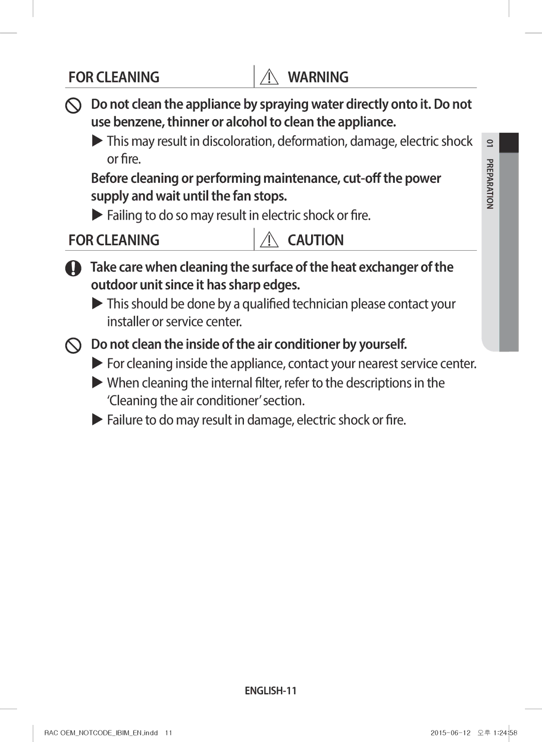 Samsung AR28JQFRAWQ/TV, AR18JQFRAWQ/TV manual Do not clean the inside of the air conditioner by yourself, ENGLISH-11 