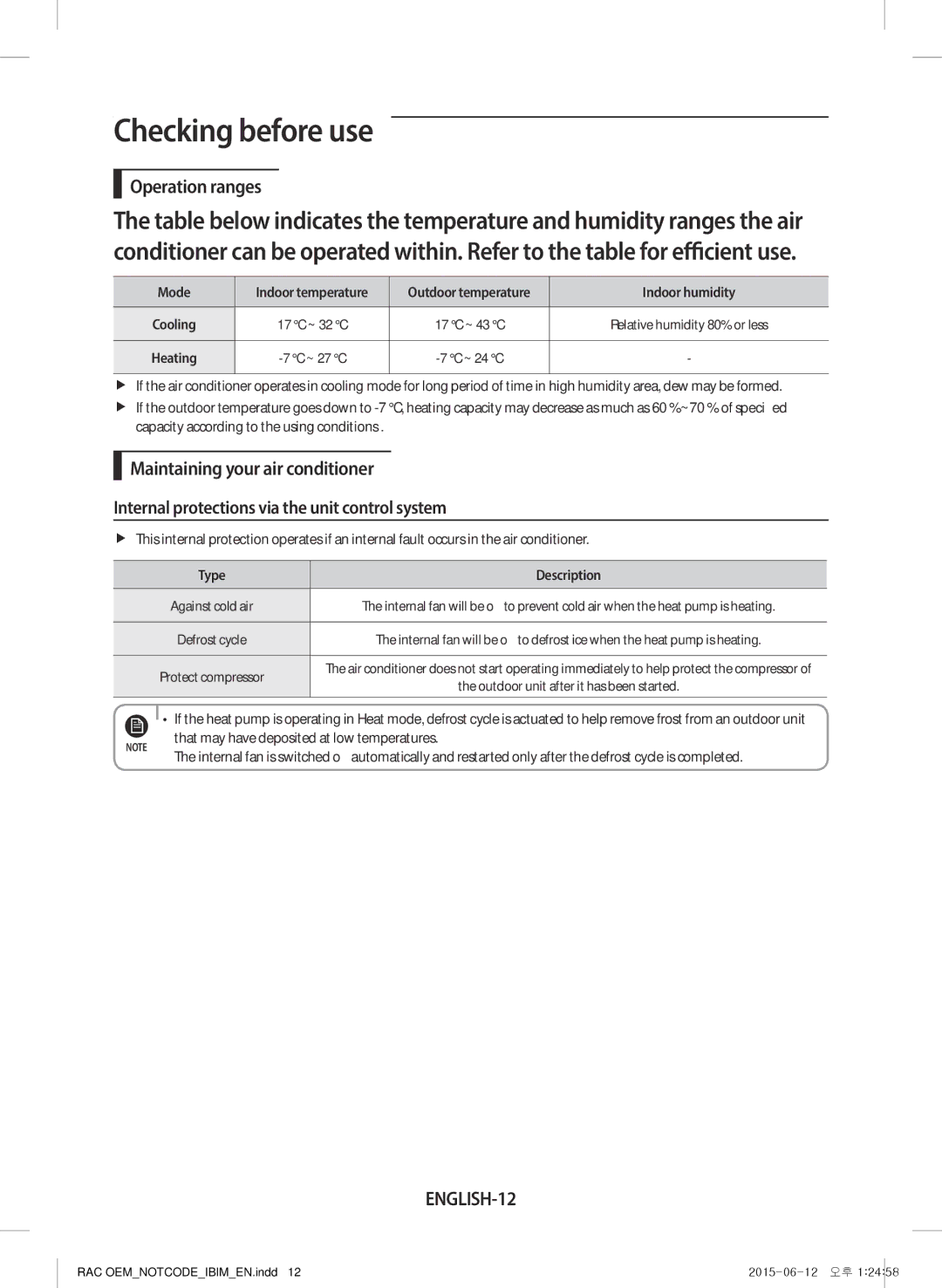 Samsung AR24JQFRAWQ/TV, AR18JQFRAWQ/TV manual Checking before use, ENGLISH-12, That may have deposited at low temperatures 