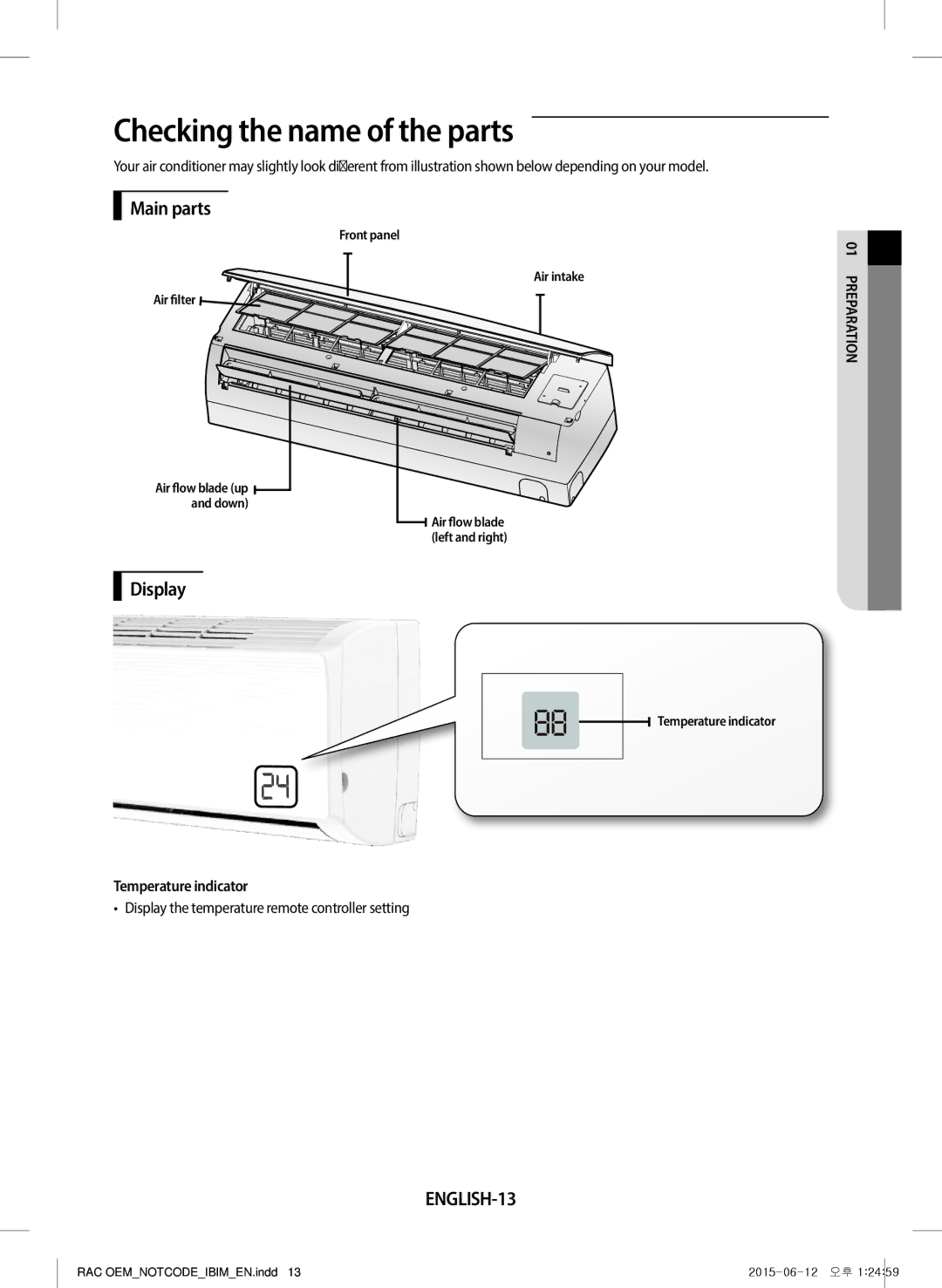 Samsung AR12JQFRAWQ/TV, AR18JQFRAWQ/TV, AR09JQFRAWQ/TV manual Checking the name of the parts, Main parts, Display, ENGLISH-13 