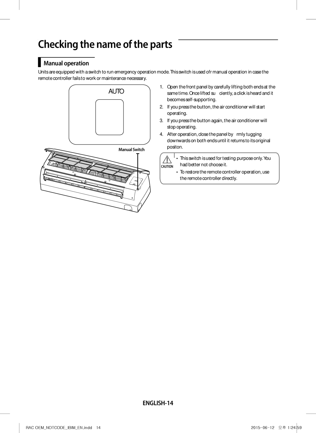 Samsung AR18JQFRAWQ/TV, AR09JQFRAWQ/TV, AR28JQFRAWQ/TV, AR24JQFRAWQ/TV, AR12JQFRAWQ/TV manual Manual operation, ENGLISH-14 