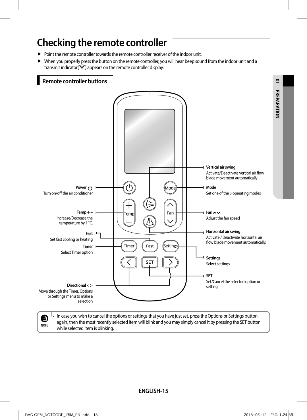 Samsung AR09JQFRAWQ/TV, AR18JQFRAWQ/TV manual Checking the remote controller, Remote controller buttons, ENGLISH-15 