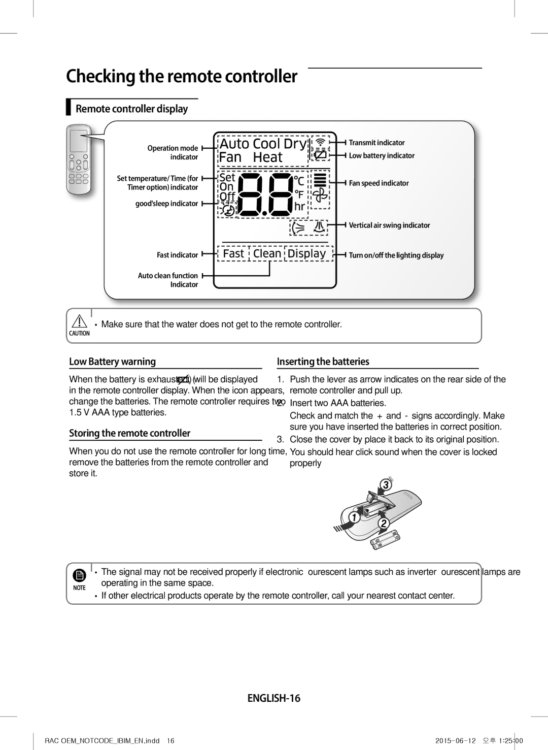 Samsung AR28JQFRAWQ/TV manual Remote controller display, Low Battery warning, Storing the remote controller, ENGLISH-16 