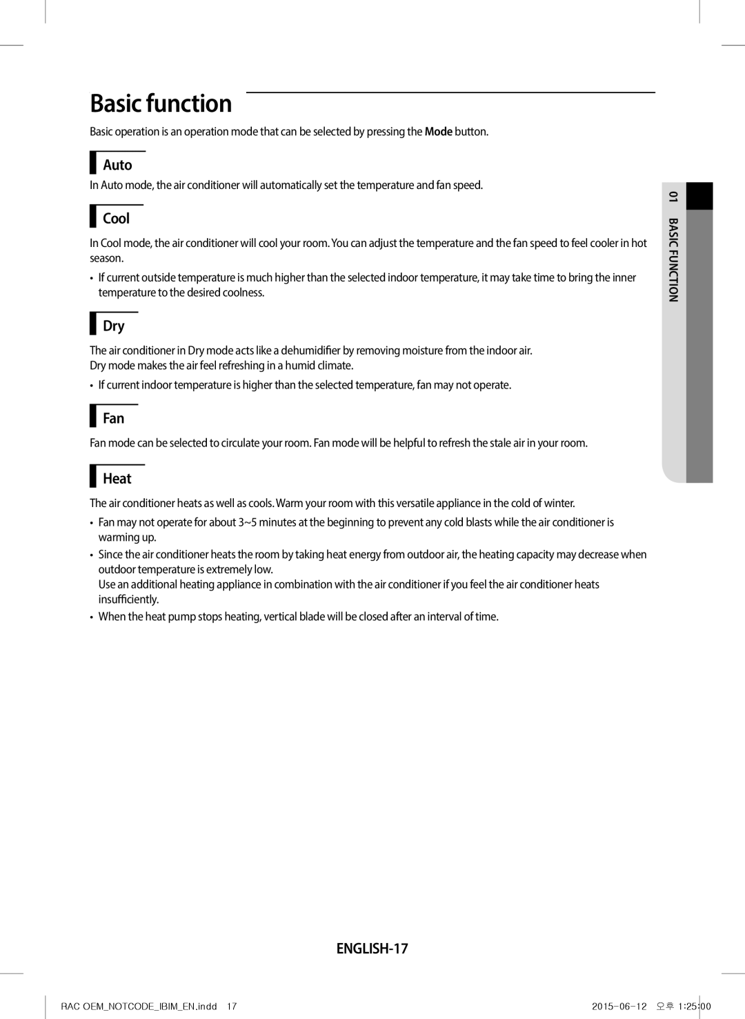 Samsung AR24JQFRAWQ/TV, AR18JQFRAWQ/TV, AR09JQFRAWQ/TV, AR28JQFRAWQ/TV, AR12JQFRAWQ/TV manual Basic function, ENGLISH-17 