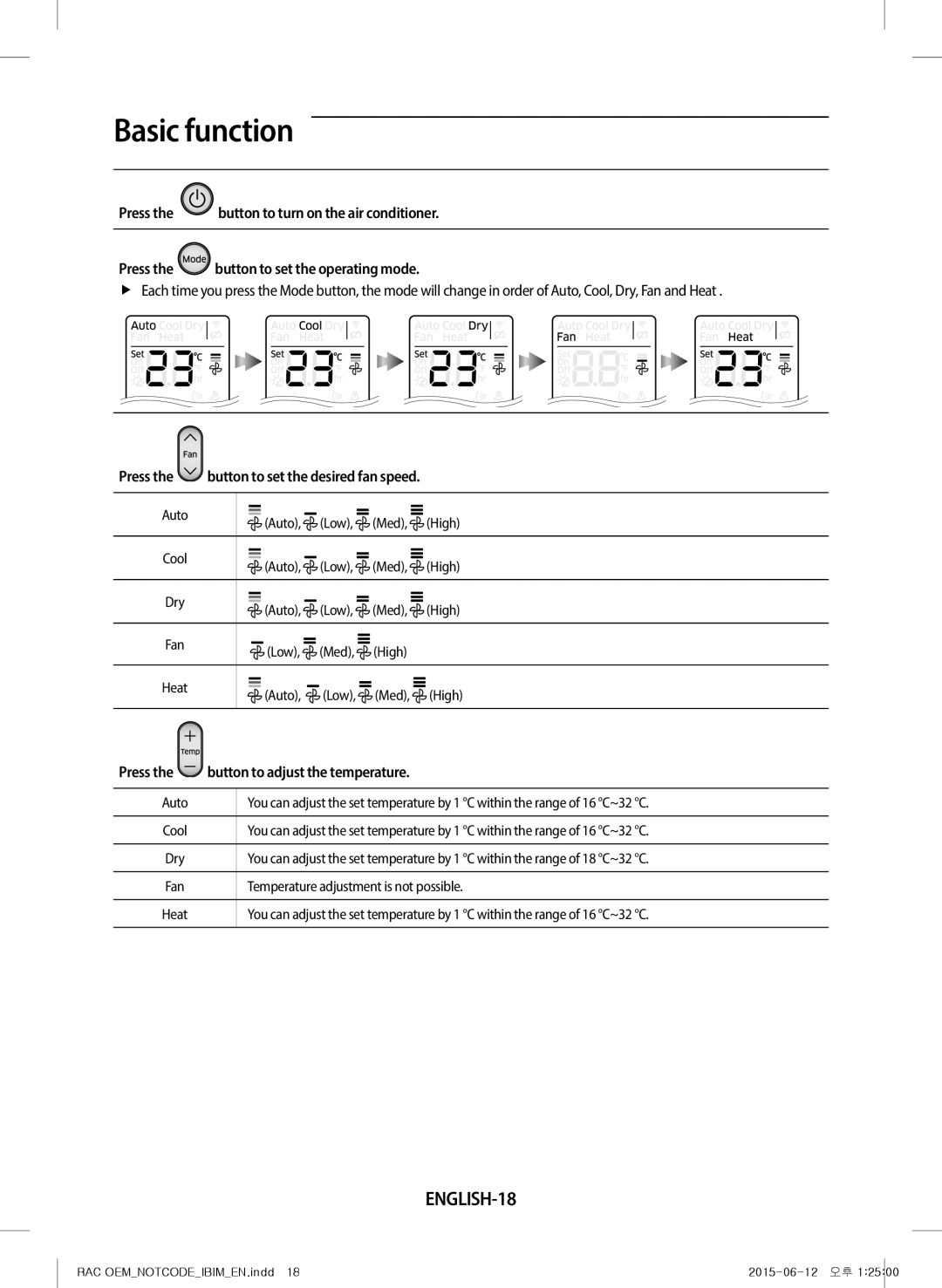 Samsung AR12JQFRAWQ/TV, AR18JQFRAWQ/TV, AR09JQFRAWQ/TV manual ENGLISH-18, Press the button to set the desired fan speed 